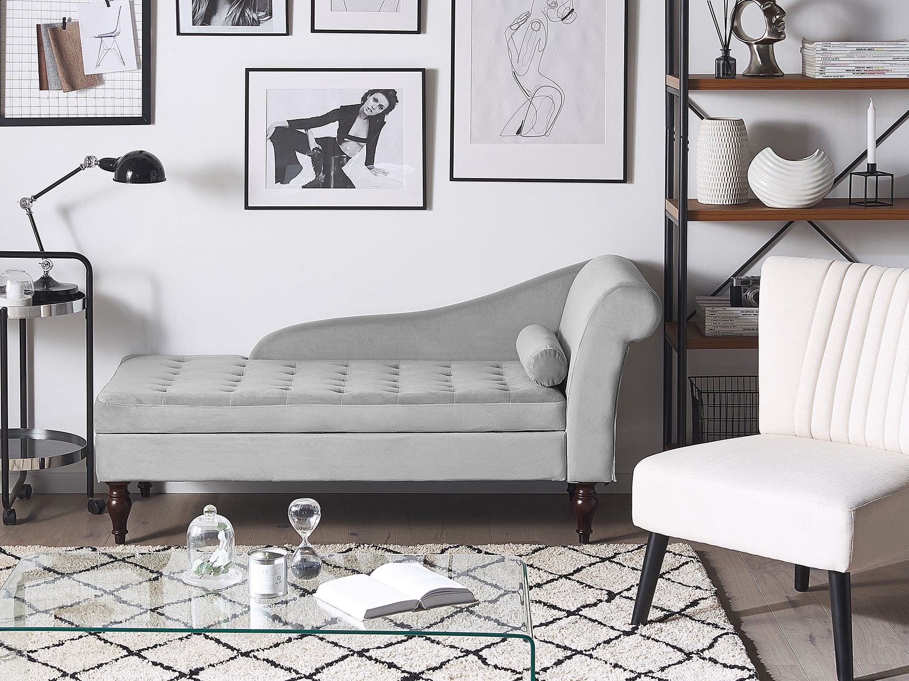 Right-Hand Chaise Lounge PESSAC Velvet Light Grey with Storage