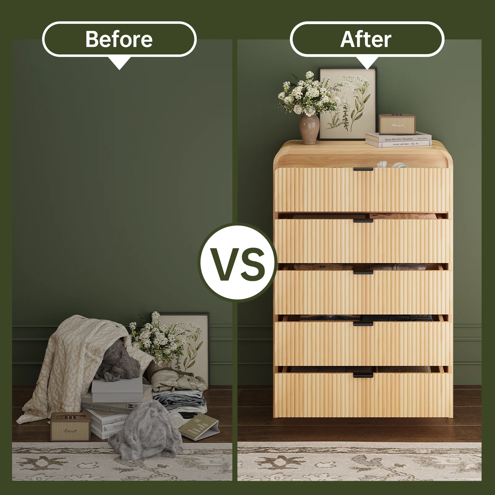 SELOOYE Fluted 5 Drawers Dresser for Bedroom, 47" Tall Modern Dresser Chest of Drawers, Black Accents, Fluted Fronts, Wood Storage Dressers Organizer for Bedroom, Living Room, Natural - Image 4