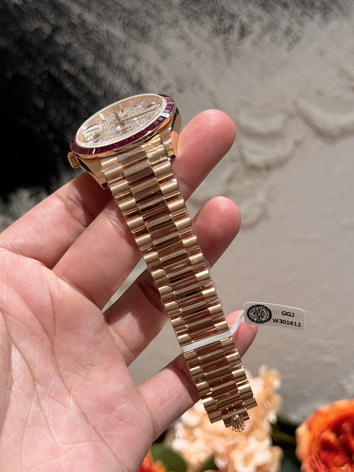 Rolex Replica Watch Day-Date Moissanite Ruby Baguette Red 18K Gold Wrapped 40mm - Top club