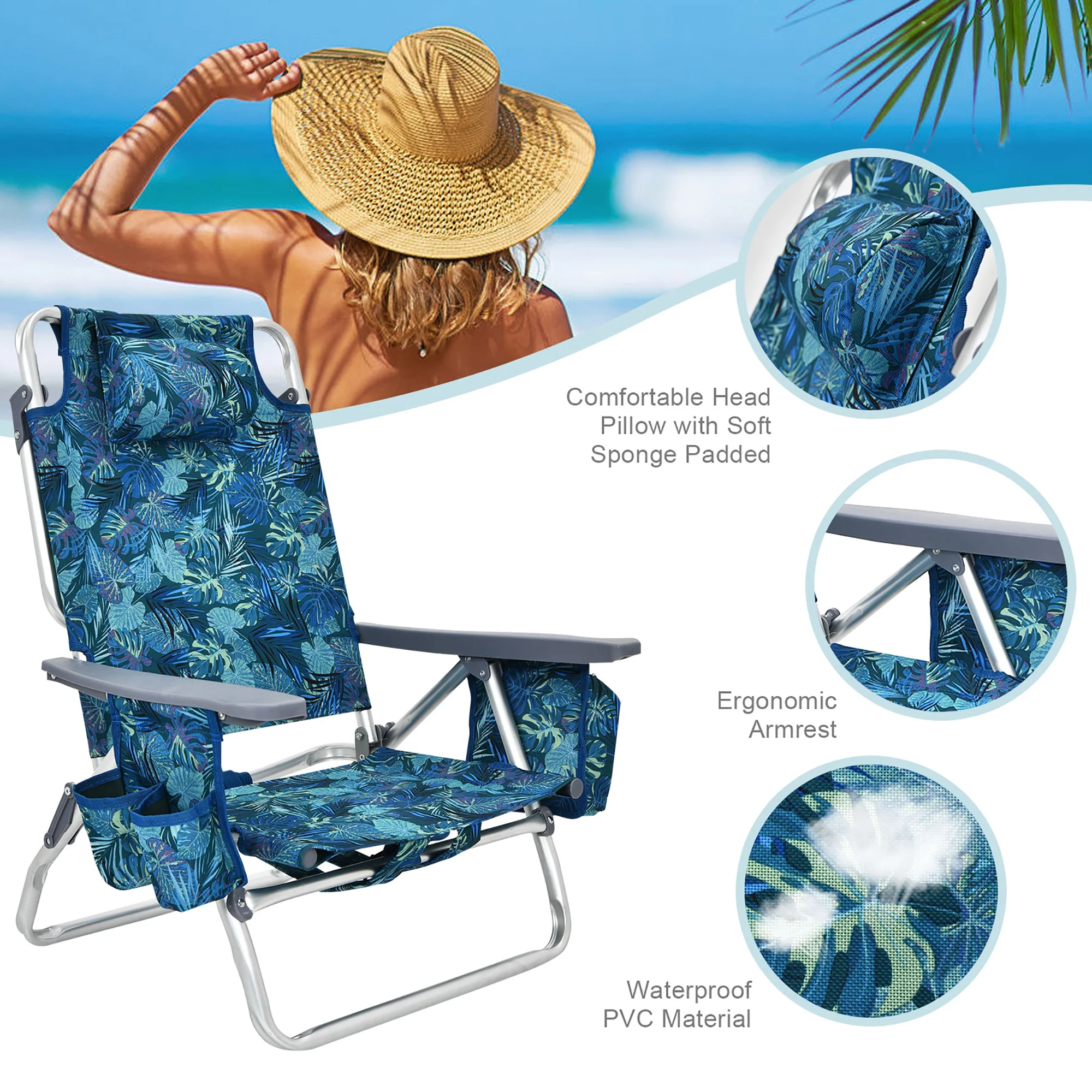 Costway 2-Pack Folding Backpack Beach Chair Table Set 5-Position Outdoor Reclining Chair Pink - Image 18