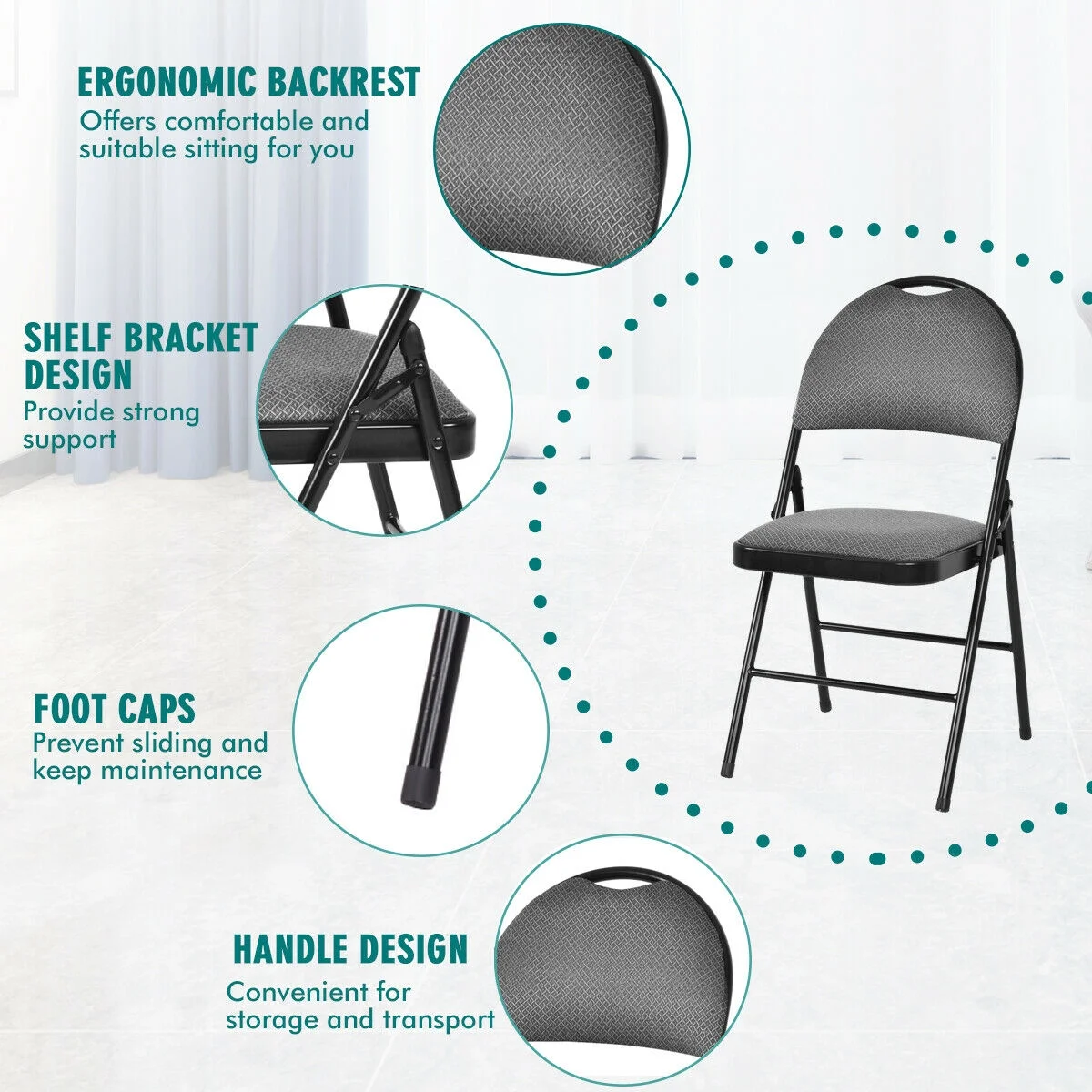 Costway Set of 6 Folding Chairs Fabric Upholstered Padded Seat Metal Frame Home Office Beige - Image 17