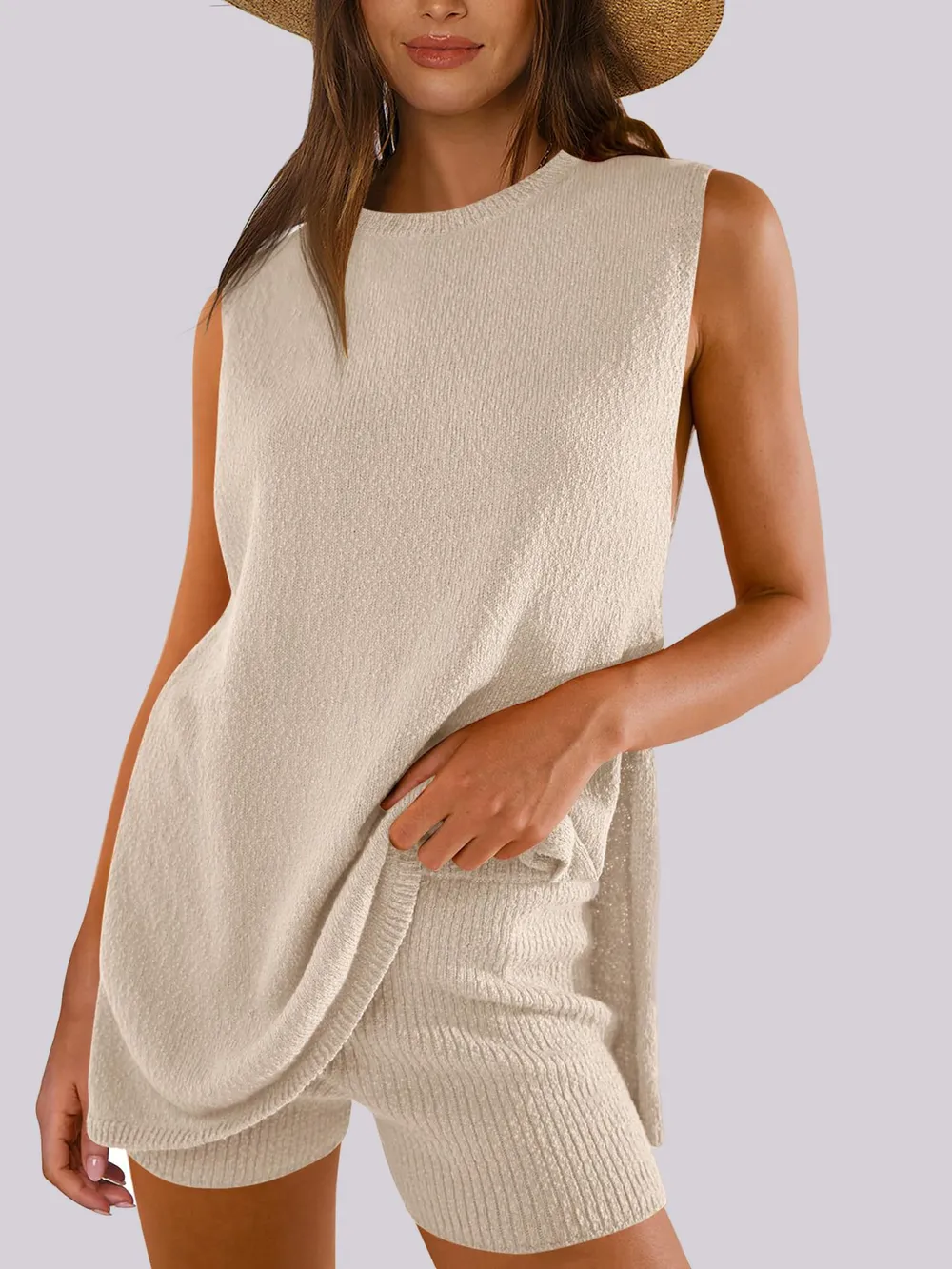 Side Slit Round Neck Tank and Ribbed Shorts Sweater Set - ZKZOOK