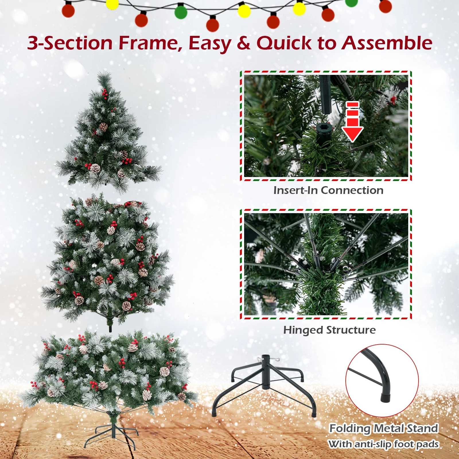 Costway 7 FT Pre-Lit Artificial Christmas Tree Hinged with Pine Needles 400 LED Lights - Image 4