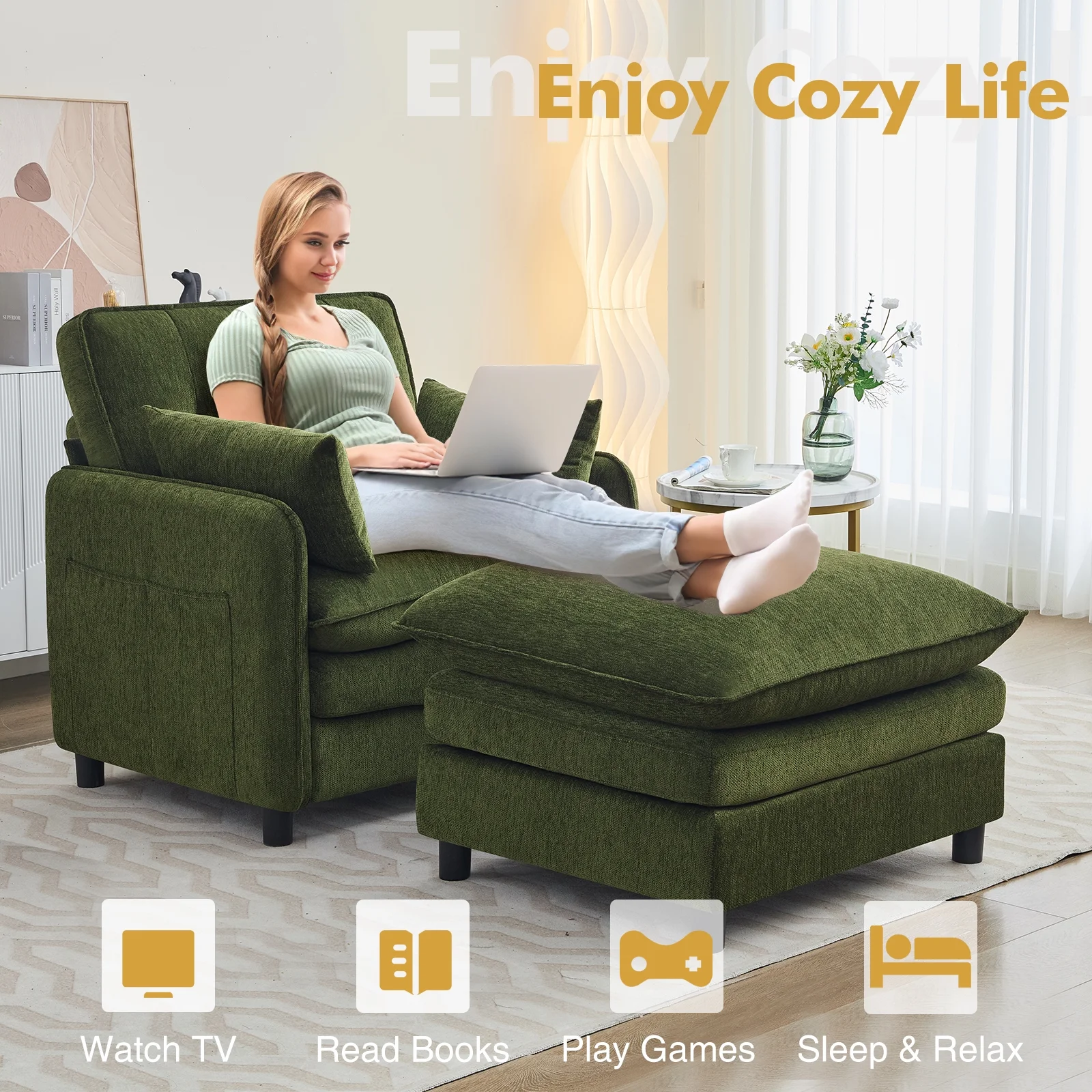 Aemeios Upholstered Chenille OversizedAccent Armchairs with Ottoman and Side Pocket, Cream - Image 9