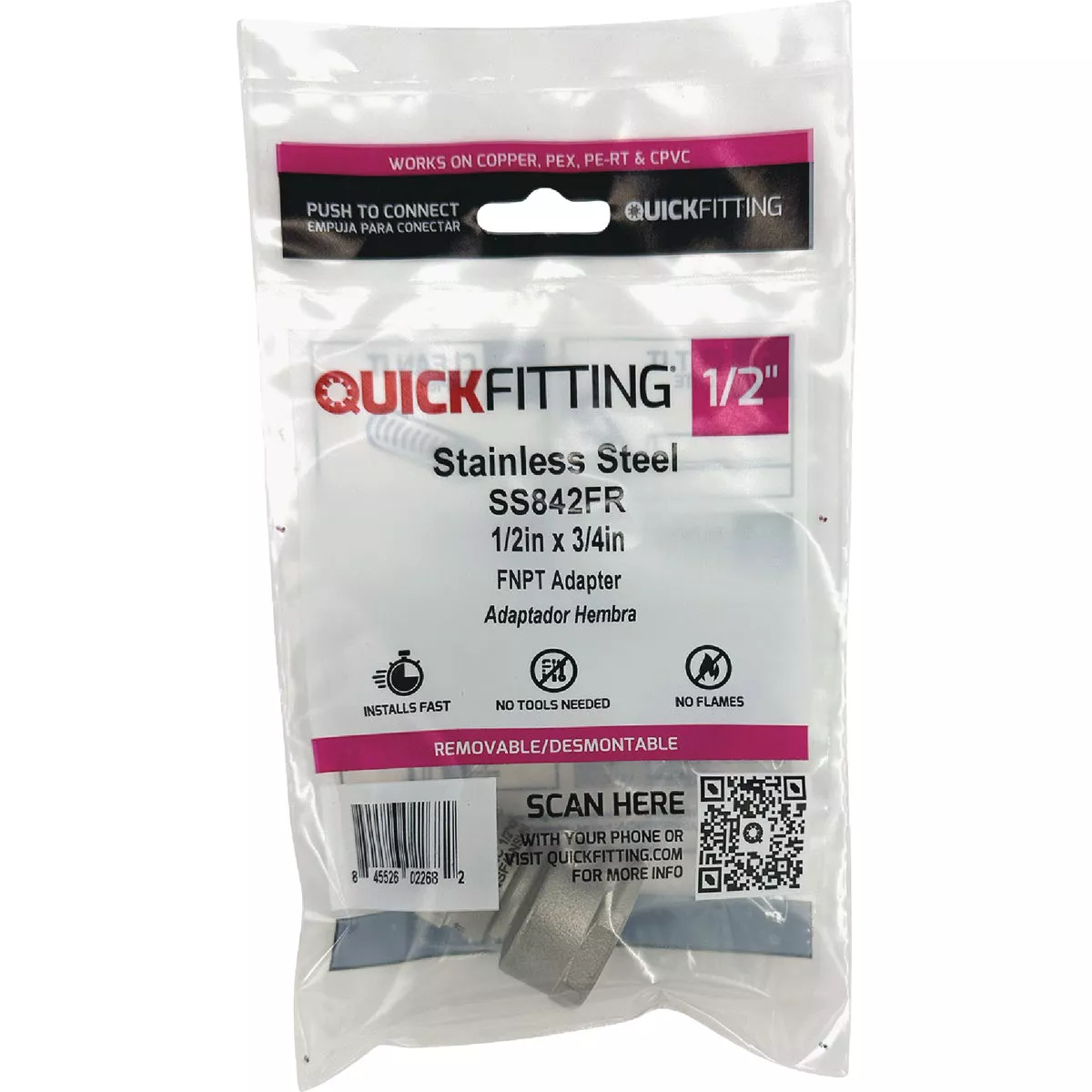 QuickFitting 1/2 In. Push-to-Connect x 3/4 In. FNPT Stainless Steel Reducing Female Adapter