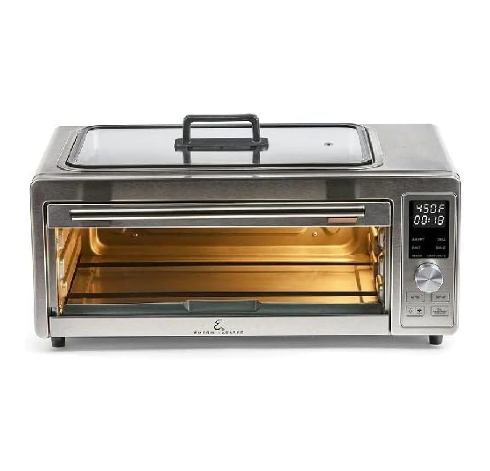 Emeril Power Grill 360, 6-in-1 Countertop Convection Toaster Oven with Top Indoor Grill, Air Fry, Roast, Toast, Bake, Dehydrate, Glass Lid, Stainless Steel