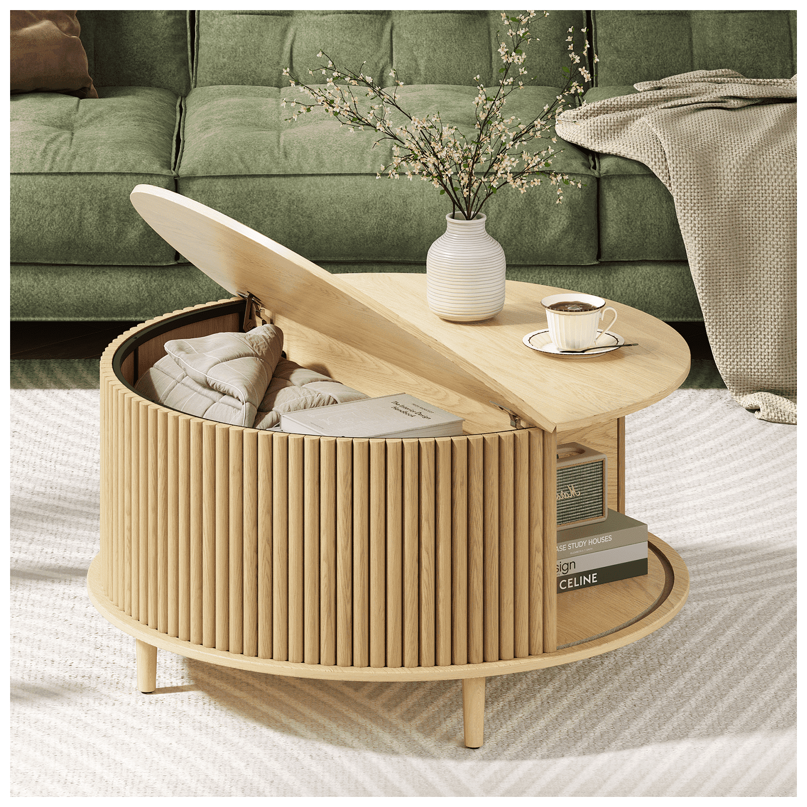 JOINICE Round Coffee Table with Storage and Sliding Door,Mid Century Modern Wooden Center Table,for Living Room,Walnut - Image 3