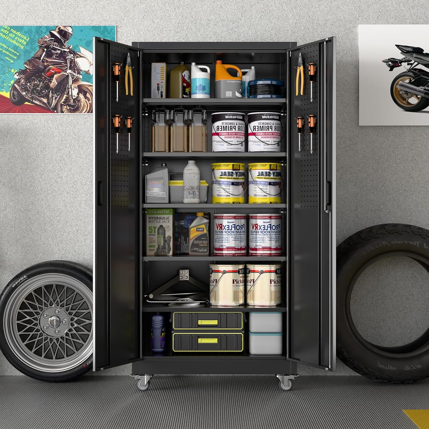 Garage Storage Cabinet with Wheels and Pegboard, Lockable Metal Storage Cabinet with 5 Adjustable Shelves and 4 Hooks for Garage,Warehouse, Assembly Required, Black, 71