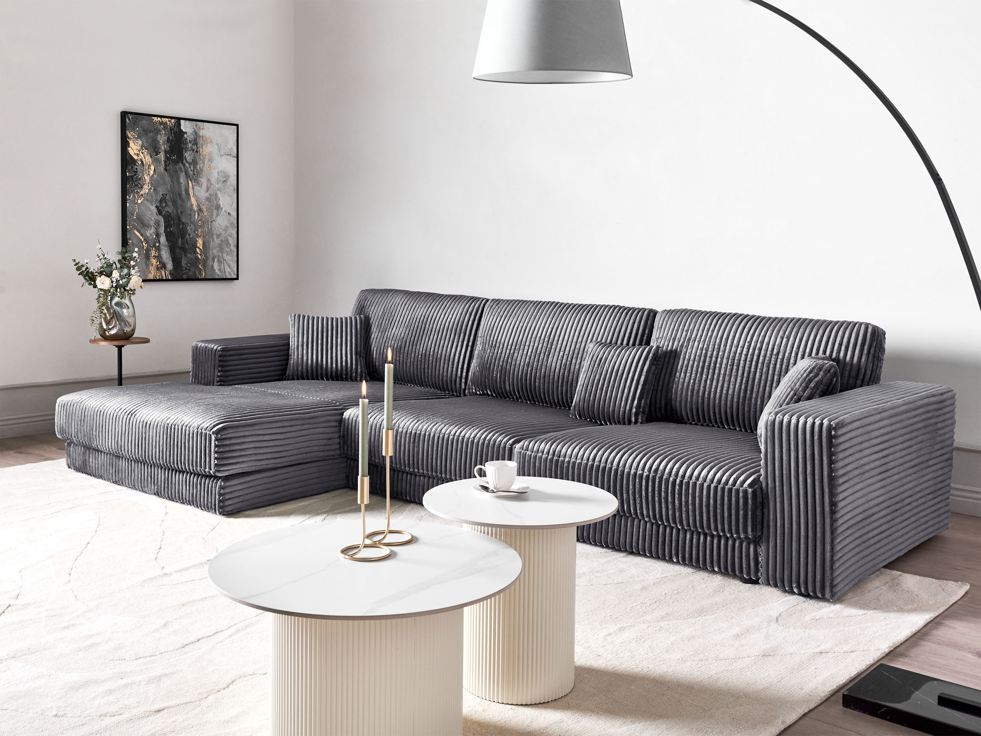 Corner Sofa 5 Seater LOFOTEN Corduroy Dark Grey Right Hand
