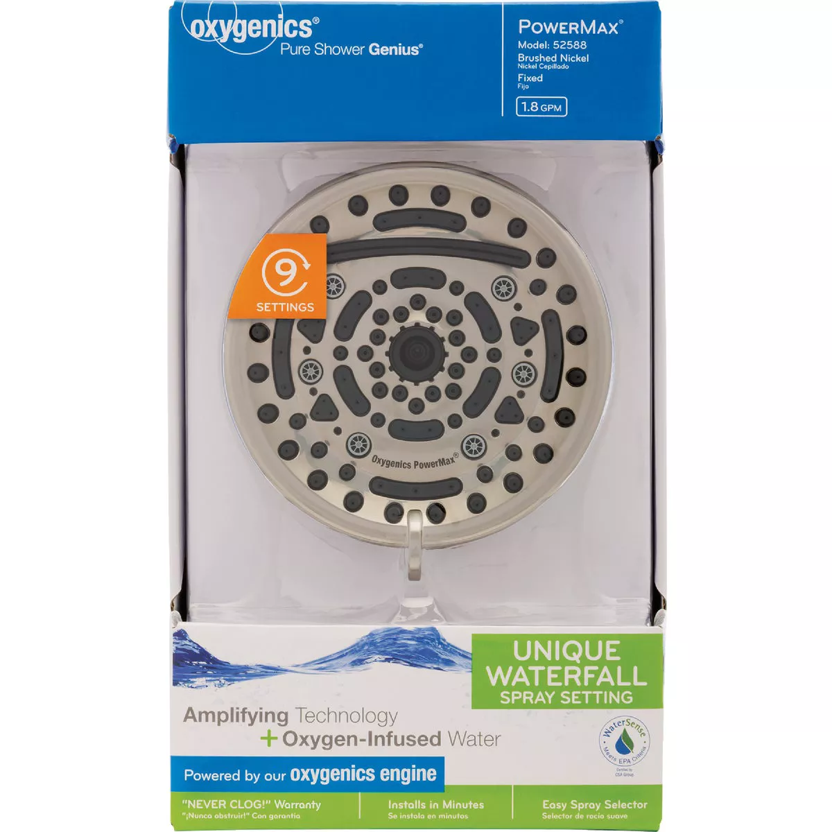 Oxygenics PowerMax 9-Spray 1.8 GPM Fixed Shower Head, Brushed Nickel
