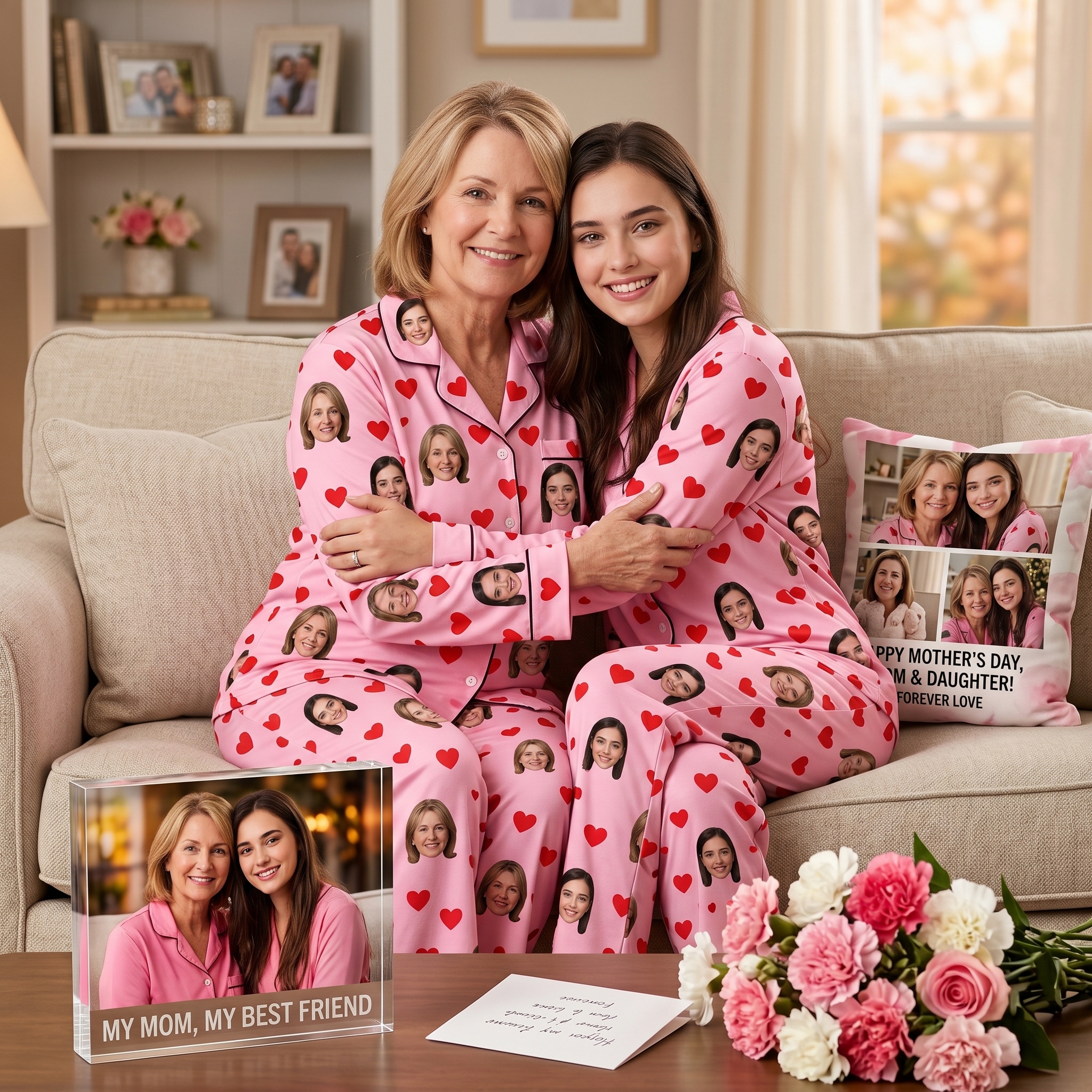 Happy mother and daughter hugging on a couch, celebrating Mother's Day wearing funny personalized face pajamas, surrounded by custom photo gifts and flowers