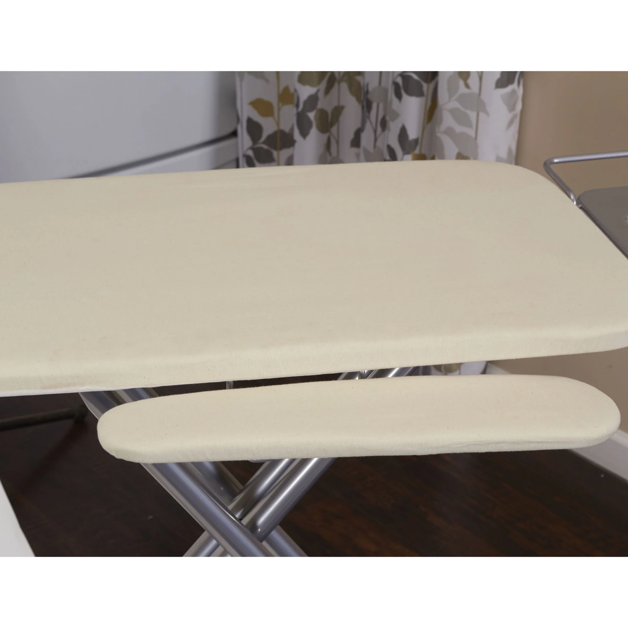 Household Essentials Wide Mega Ironing Board 4-Leg, Steel Top Pressing Station, Heat-Resistant Fiber Pad and Cotton Cover, Includes Sleeve Board and Iron Rest with Hanger Bar, Silver Frame - Image 7