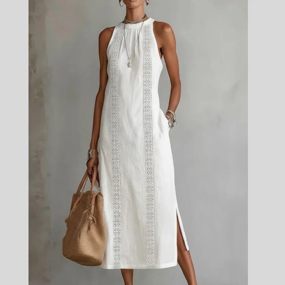 Side Slit Sleeveless Hollow-Out Trimmed Midi Dress - ZKZOOK