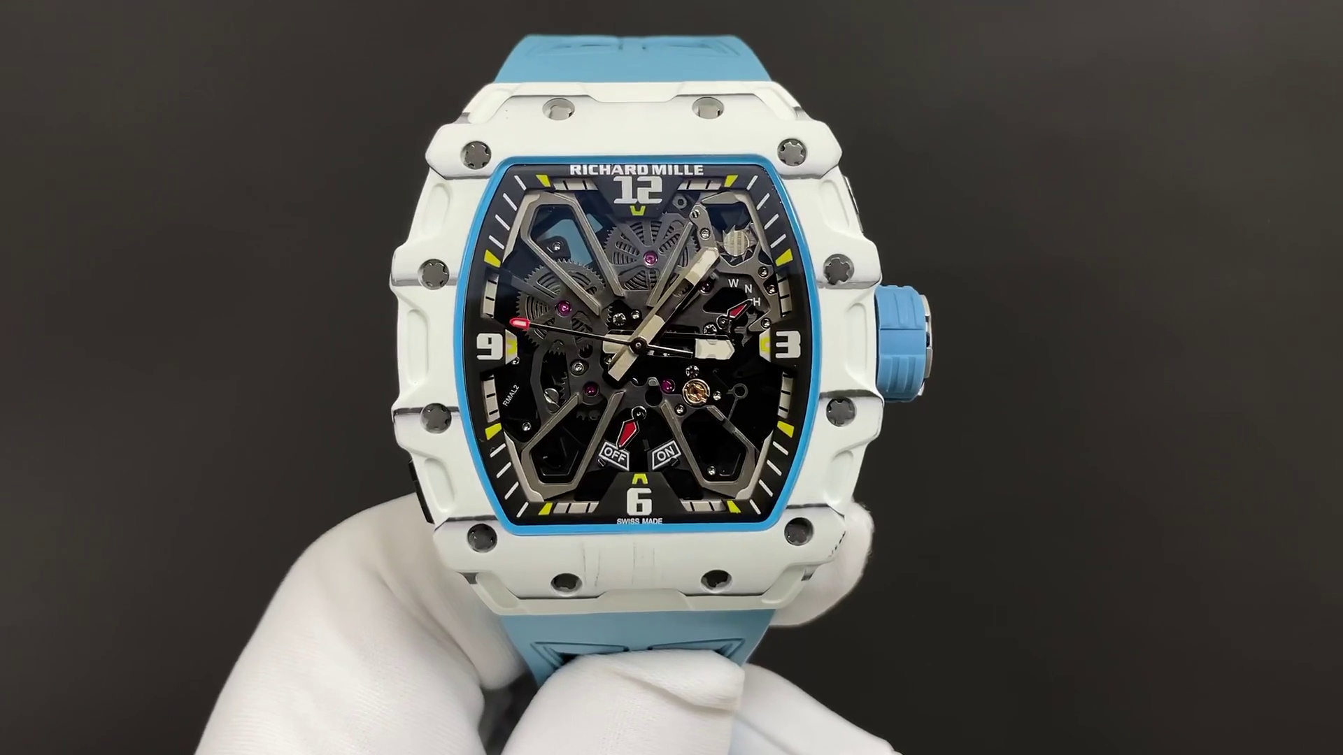 Best Swiss Richard Mille RM 35-03 Replica Rafael Nadal Watch for Men | White Carbon Fiber Case | Blue Strap - Elite Watch Atelier