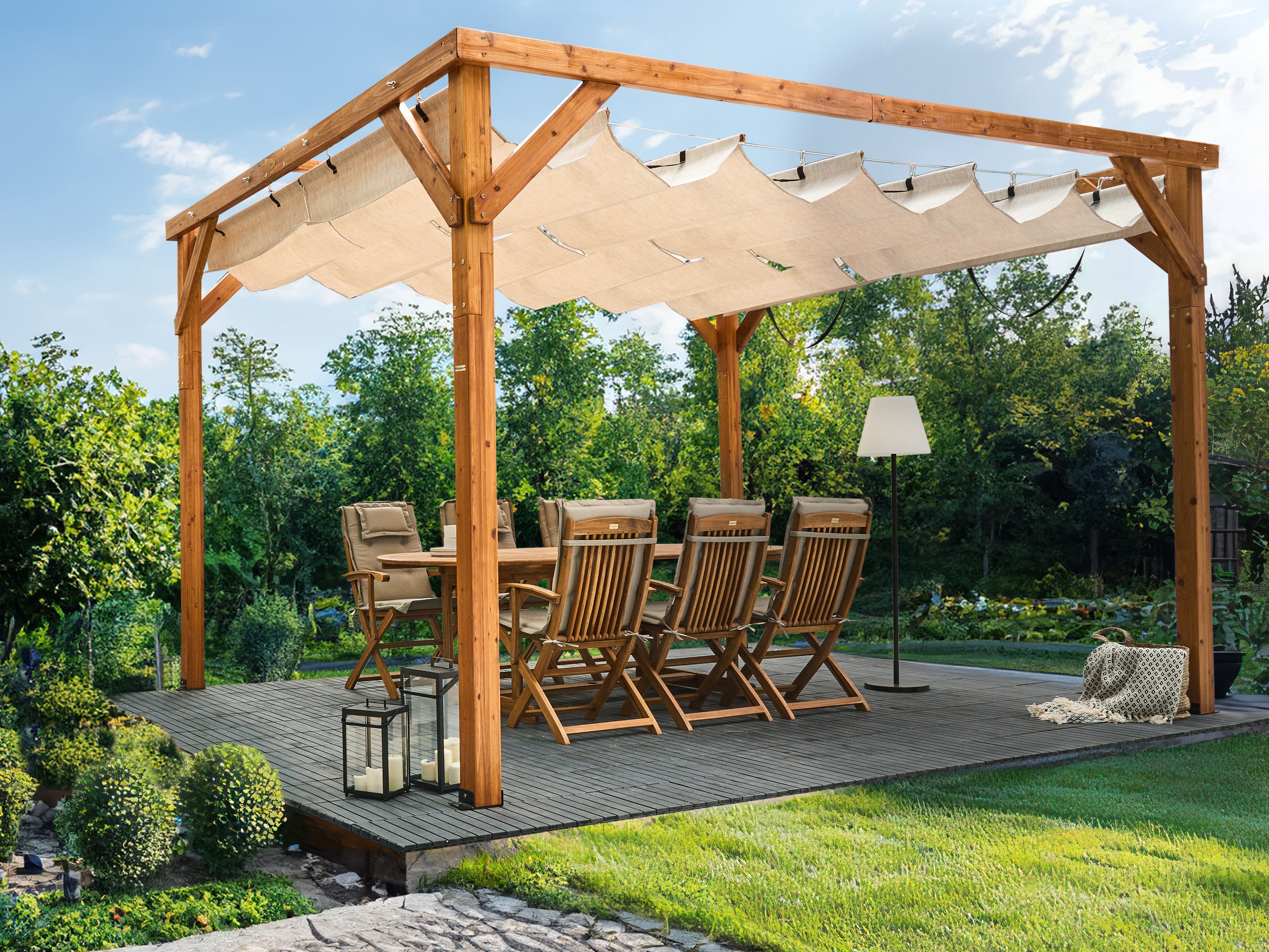 Gazebo VILLAROSA Fir Wood 320 cm 380 cm Brown/ Beige
