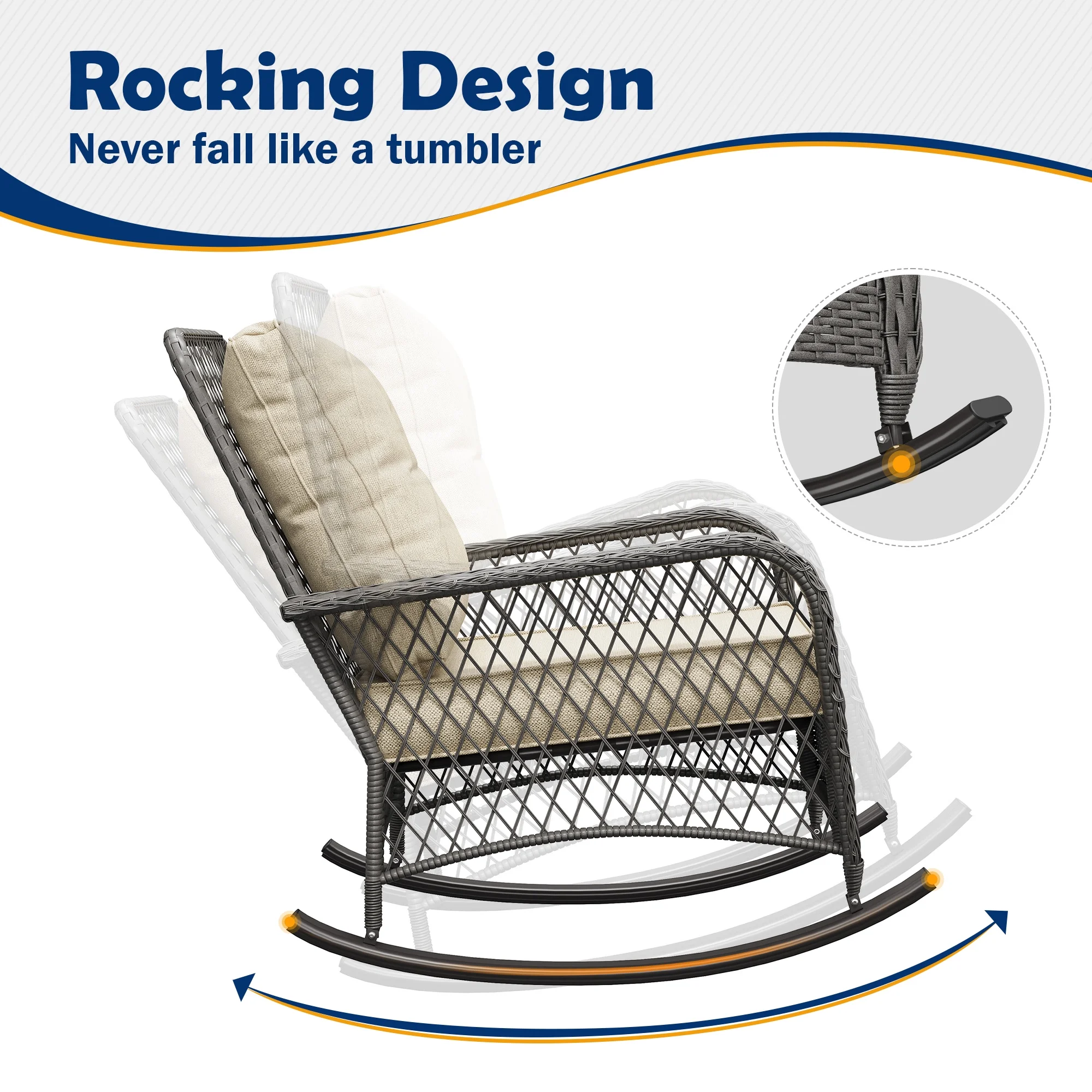 ELPOSUN 3-Piece Outdoor Rocking Chairs, Wicker Patio Furniture with Thickened Cushions and Table for Porch - Image 42