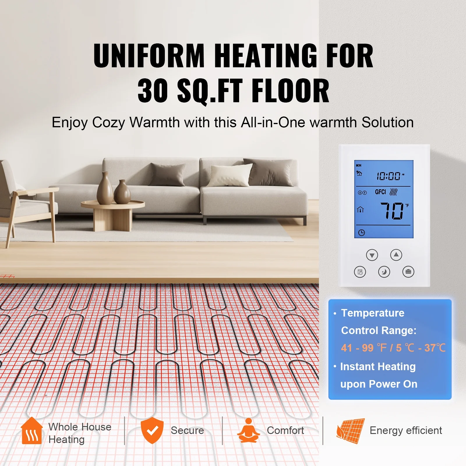 KFFKFF Underfloor Heating Mat, 30 Sq.ft, Electrical Ground Warming System with Digital Temperature Sensing Thermostat, Comes with Installation Monitor, Sticky Back for Simple Setup on The Ground