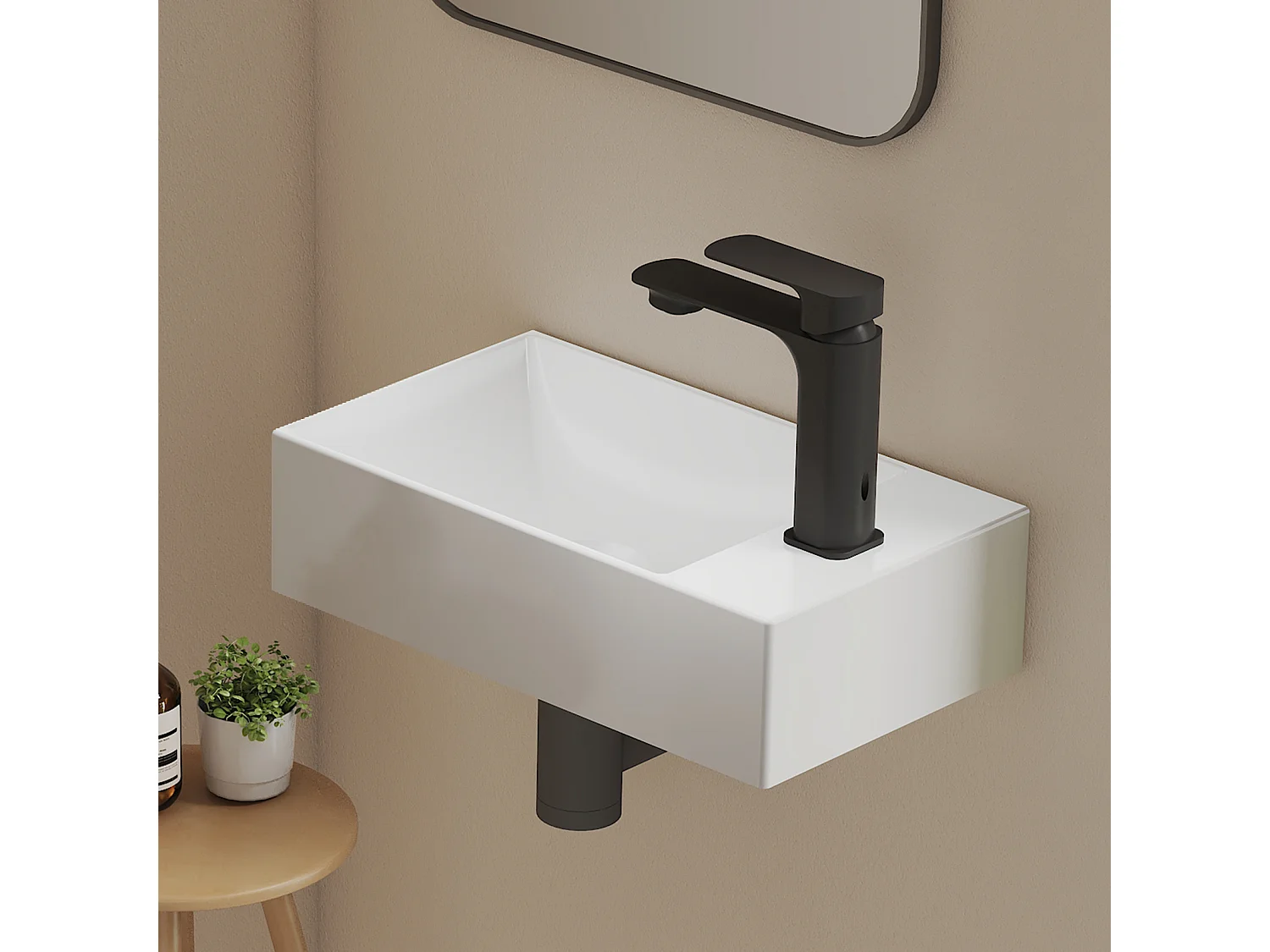 EMKE Lavabo Mural en Céramique 38x22x10cm, Blanc Brillant, Vasque Murale Carrée avec Trou pour Robinet