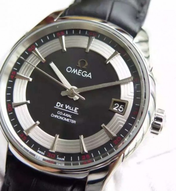 Replica Omega V6F De Ville Hour Vision Co-Axial 41mm SS Black Dial Black Leather Strap A8500 - Top club