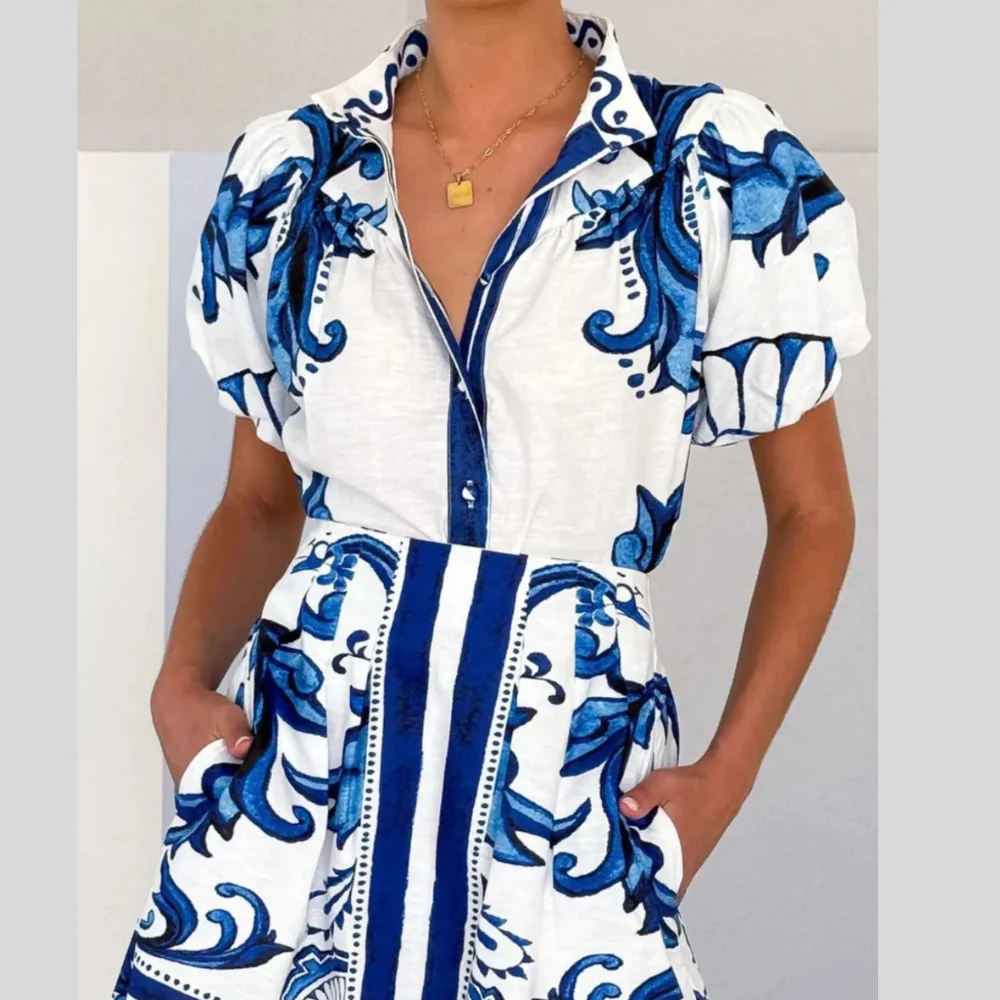 Puff Sleeve Printed Top and Zip Back Skirt Set - ZKZOOK