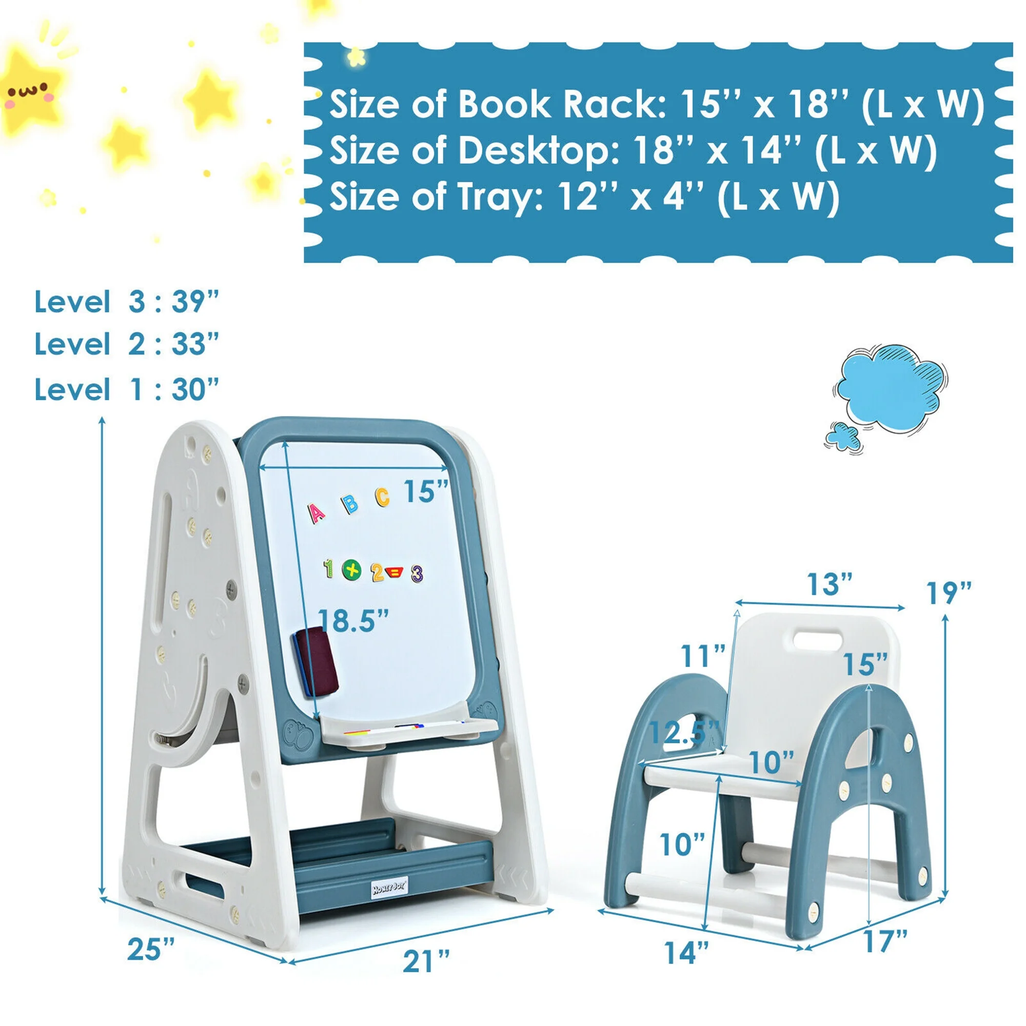 Gymax 2 in 1 Kids Easel Desk Chair Set Book Rack Adjustable Art Painting Board Blue