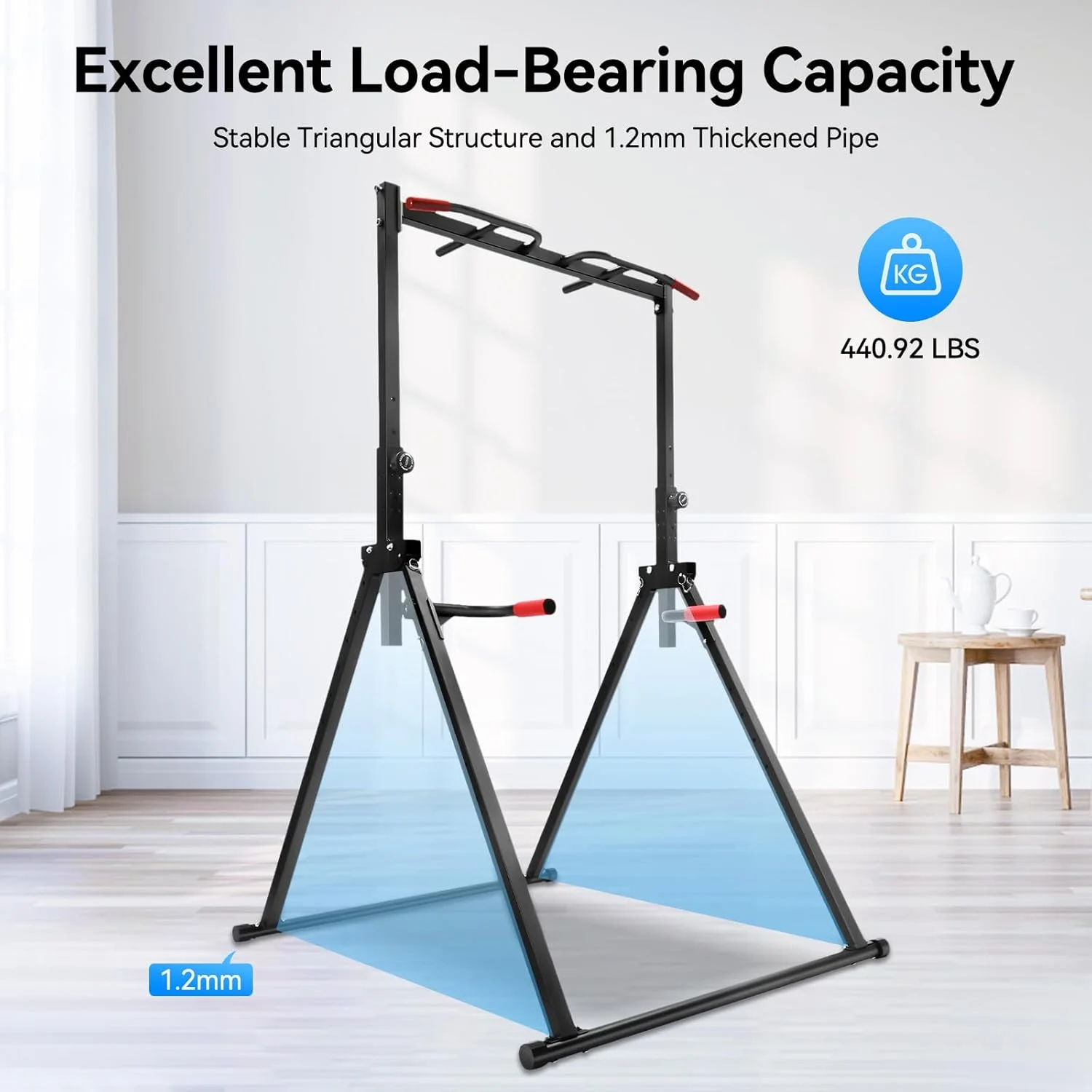Power Tower Pull Up Bar Station Foldable Pull Up Rack Dip Station 5.74-7.55ft Height Adjustable Home Strength Training Fitness Workout Equipment, Up to 440lbs (With double bars) - Image 3