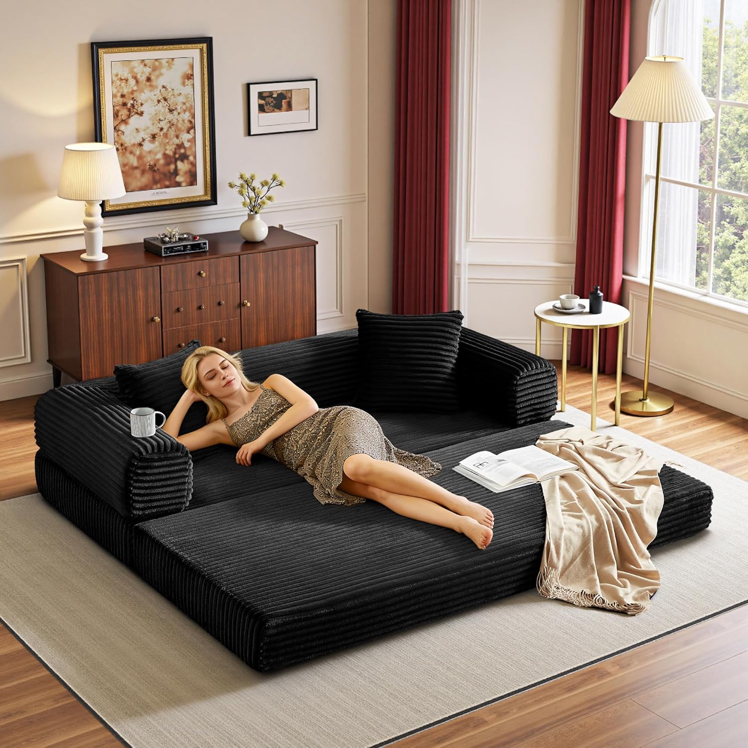 Boneless Couch Versatile Couches for Living Room No-Install Sofa Bed Corduroy Futon Soft Cloud Couch with Pillows for Bedroom Game Movie (Black, 76