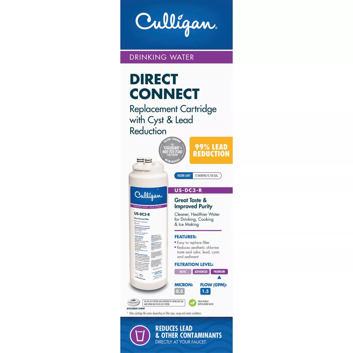 Culligan Direct Connect Under Sink Drinking Water Filter Cartridge for US-DC-3 Systems