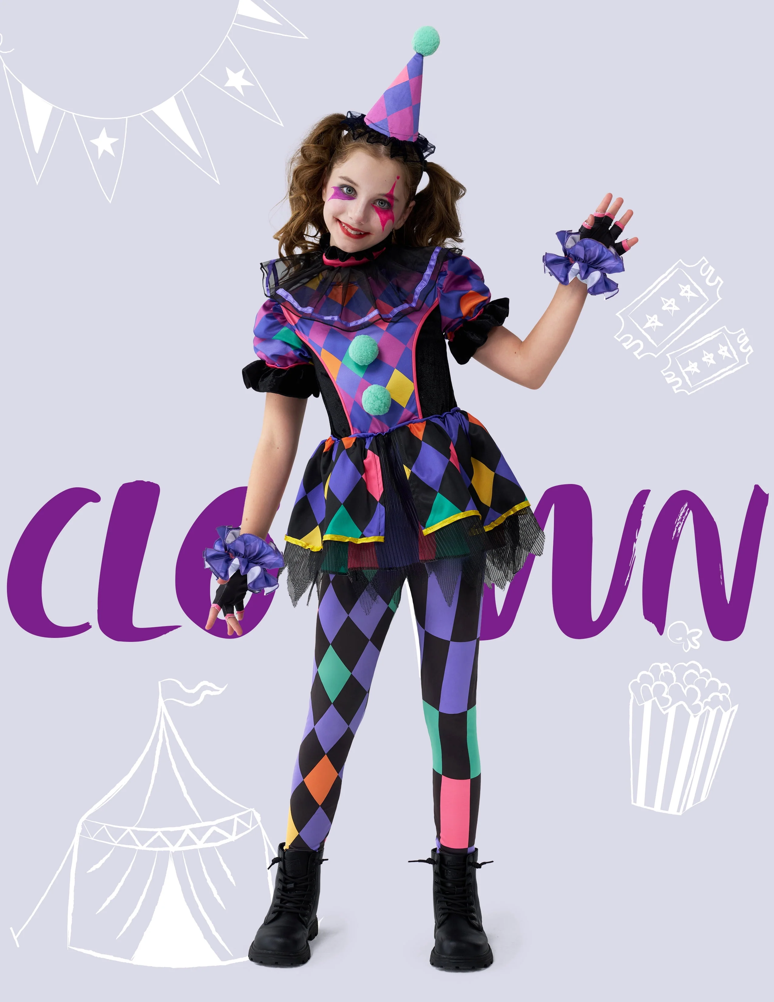 Joyfy Girls Clown Costume, Halloween Scary Clown Costume, Dark Colorful Twisted Clown Jester Dress for Girls Halloween Dress Up, Role Play, Cosplay Party - Image 3 Joyfy Girls Clown Costume, Halloween Scary Clown Costume, Dark Colorful Twisted Clown Jester Dress for Girls Halloween Dress Up, Role Play, Cosplay Party - Image 3