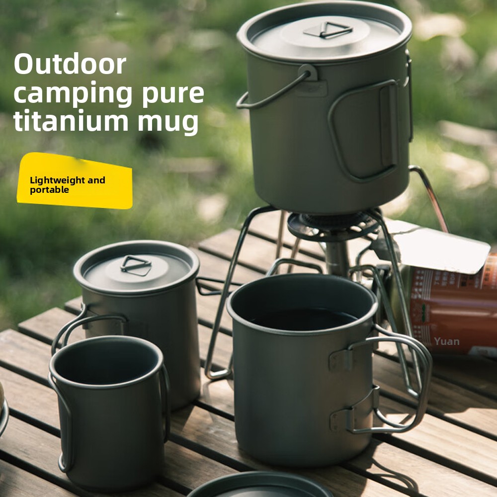 Pure Titanium Cup 400ml to 700ml Water Mug Folding Handle Portable Titanium Water Cup with Lids for Outdoor Camping