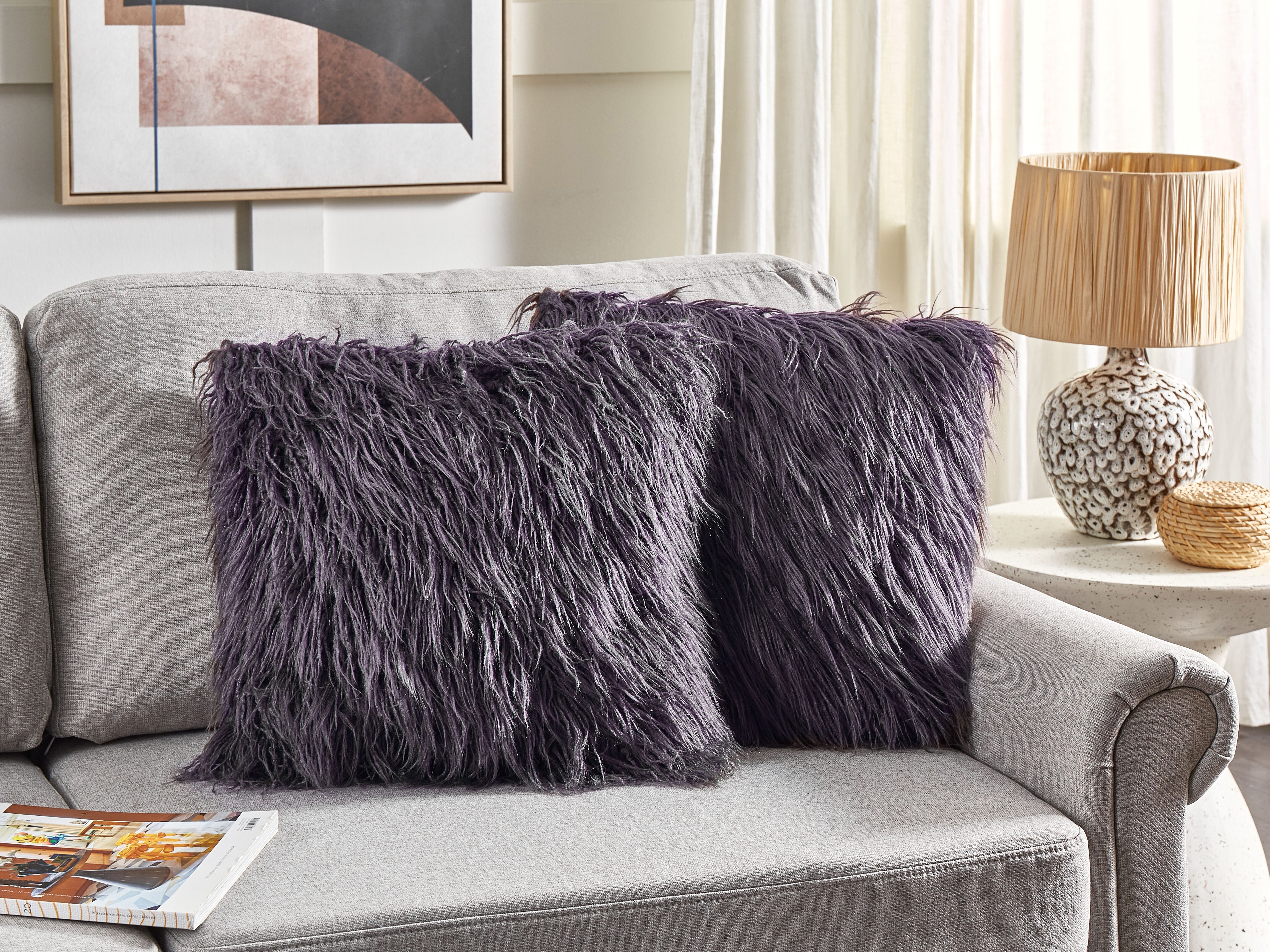 Set of 2 Decorative Cushions COROKIA Faux Fur 45 x 45 cm Dark Grey Solid