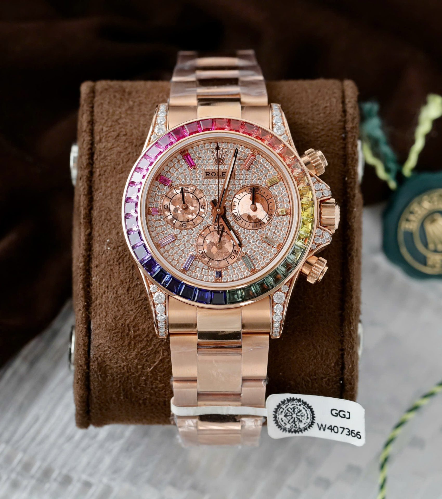 Rolex Daytona Rainbow 116595 Best Replica Watch Gold Wrapped + Moissanite Diamonds 40mm - Elite Watch Atelier