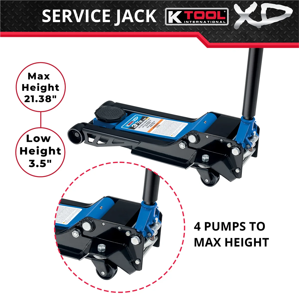 Alternative view of K-Tool INT022 3.5 Ton Low Profile Service Jack; Dual Pump Piston