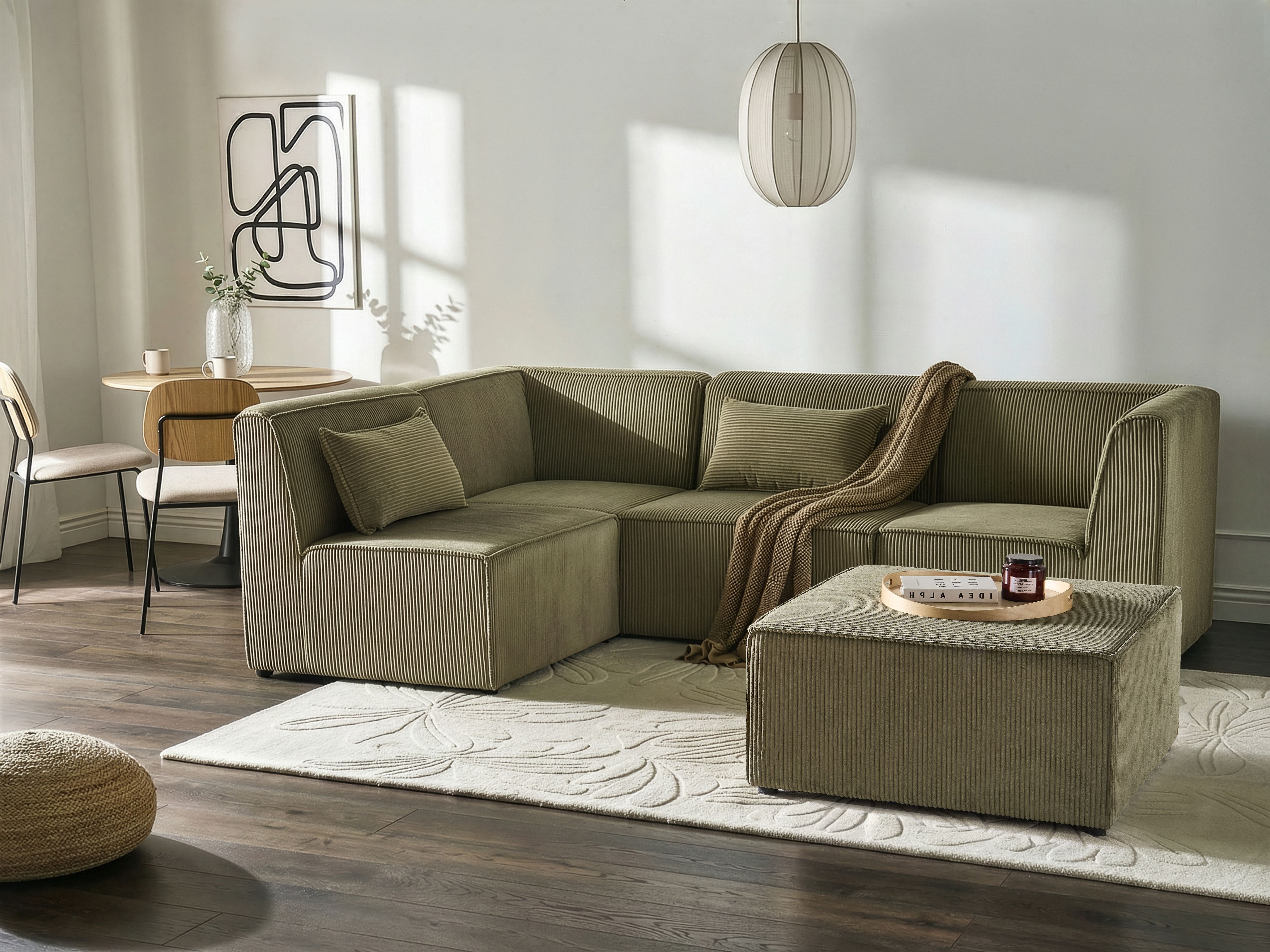 Modular Corner Sofa 4 Seater LEMVIG Corduroy Green with Ottoman Right Hand