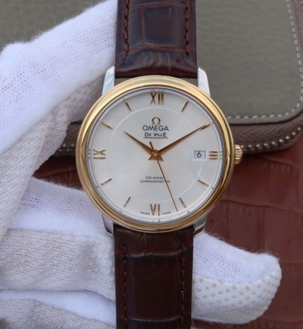 Replica Omega V6 De Ville 37mm YG Bezel White Dial YG Markers Leather Strap A2892 - Elite Watch Atelier