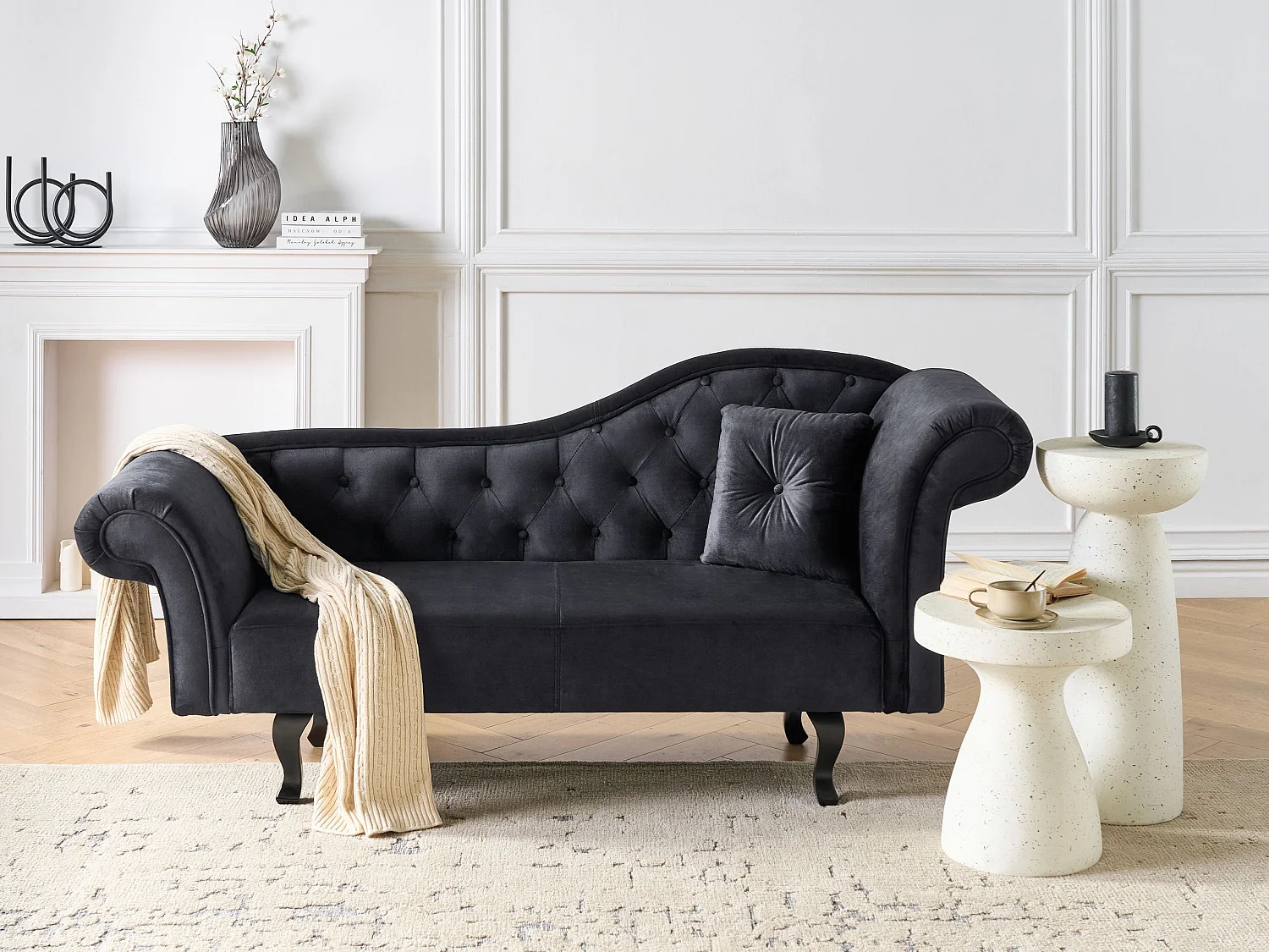 Chaise longue côté droit LATTES II Velours Noir avec coussin