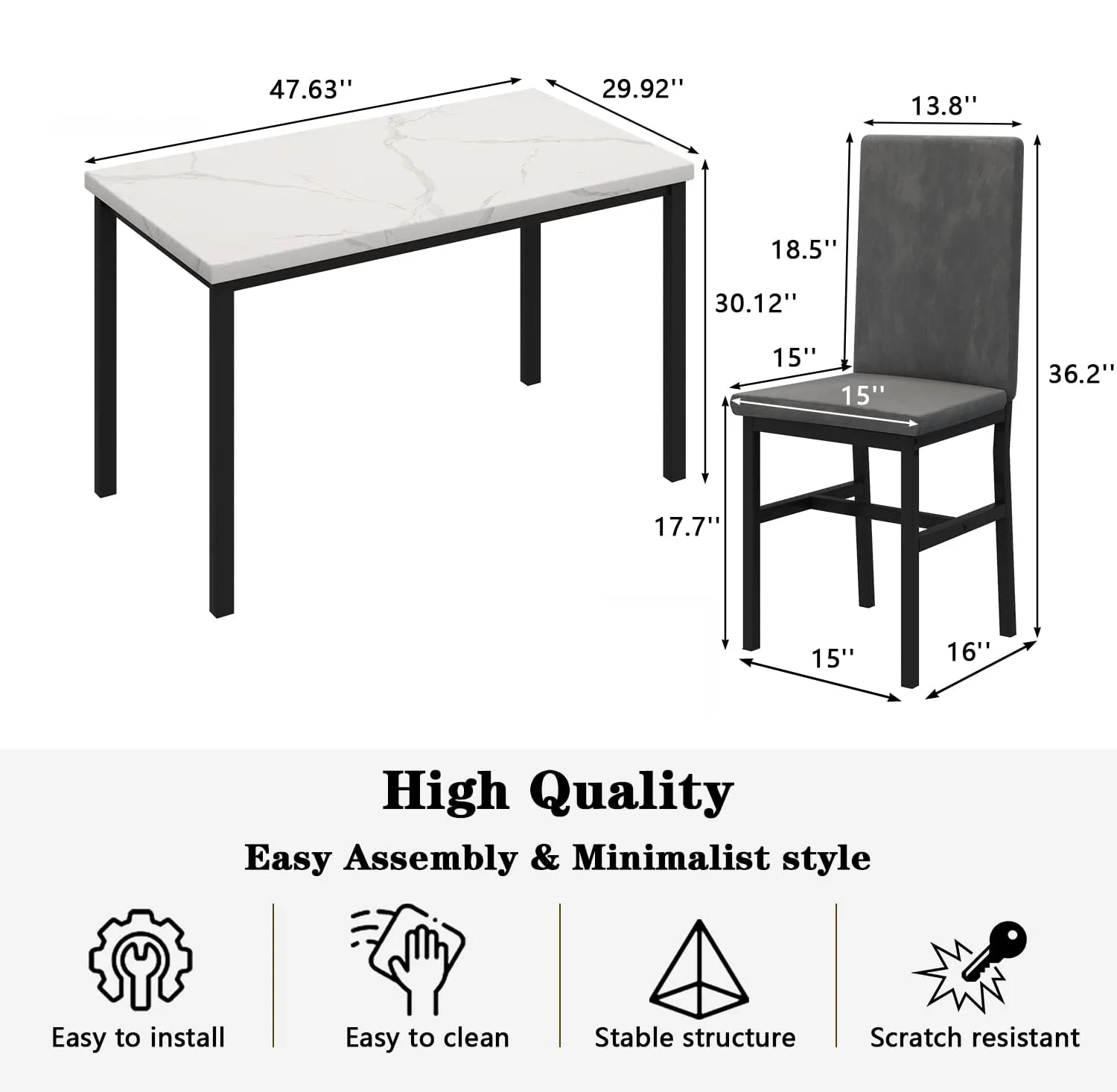 5 Piece Dining Set, Modern Dining Table and Chairs Set for 4, Counter Height Bar Table Set, Modern Pub Table with 4 Velvet Fabric Cushioned Stools, Faux Marble Dining Table & Stools Set, D9297 - Image 8