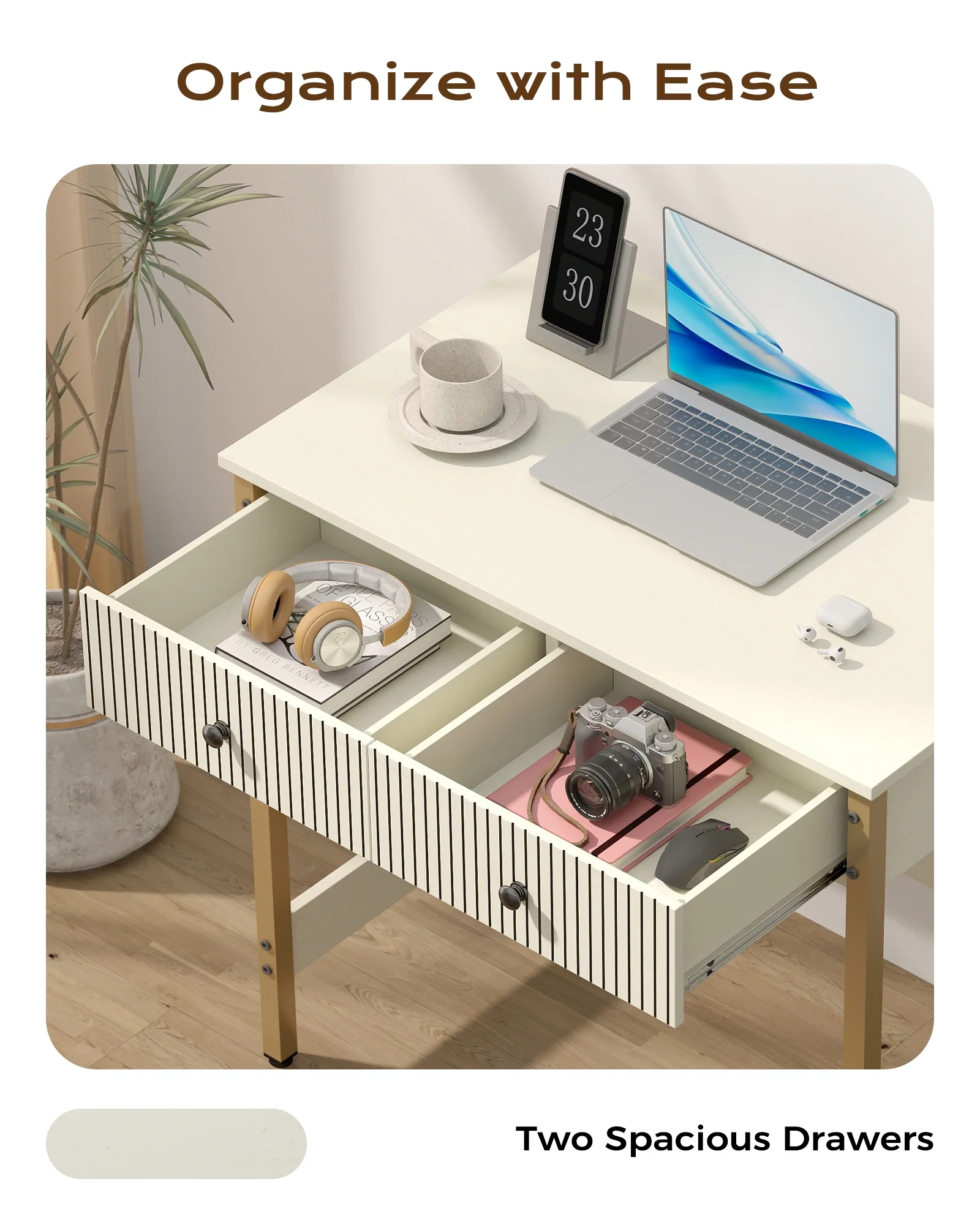Manxile Fluted Computer Desk with USB Ports & Power Outlet, Modern White Study Table with Drawers