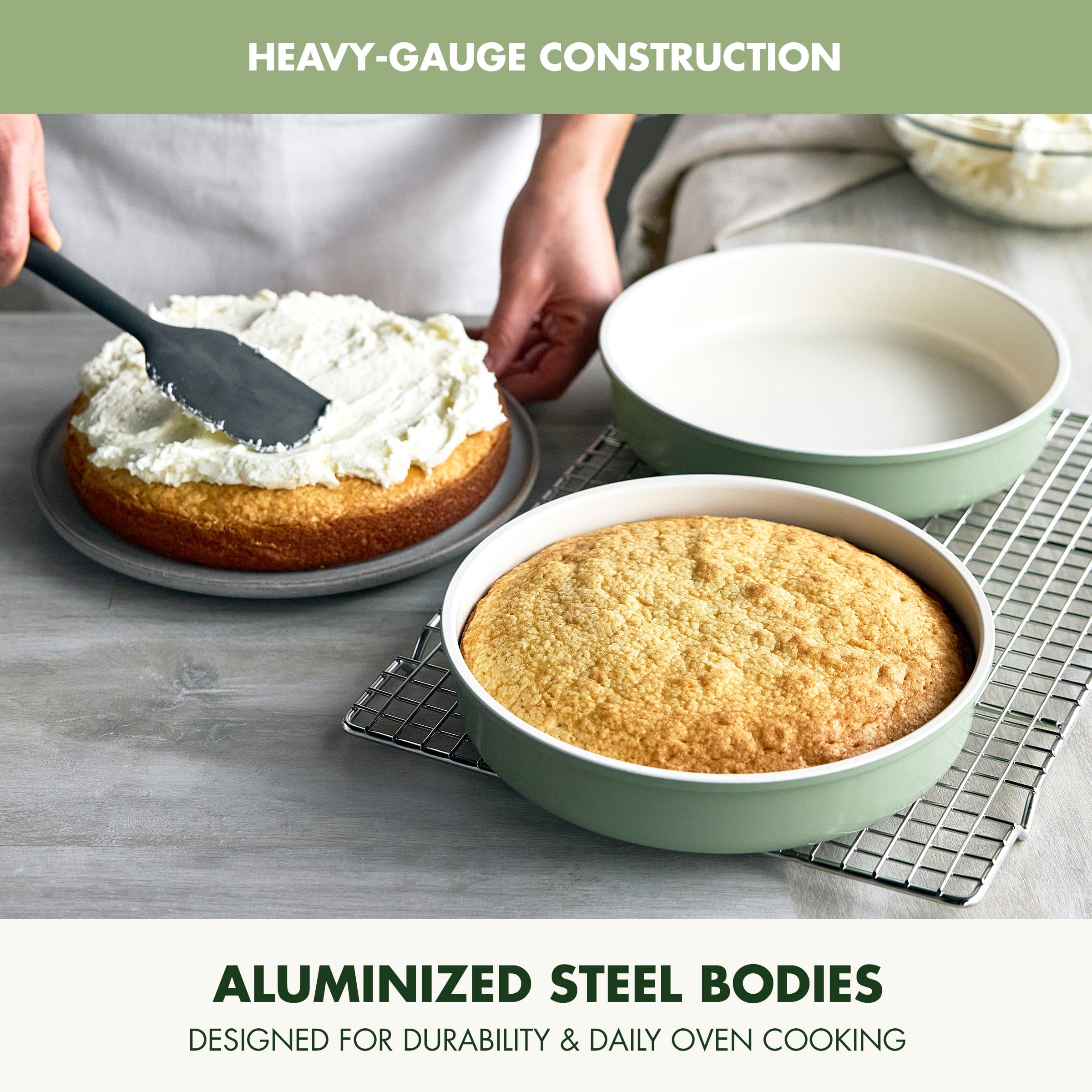 GreenPan Bakeware Set, 7 Piece Nonstick Ceramic Baking Sheets, Cake Pans, Loaf Pan, Muffin Tin, Cooling Rack, Green - Image 2