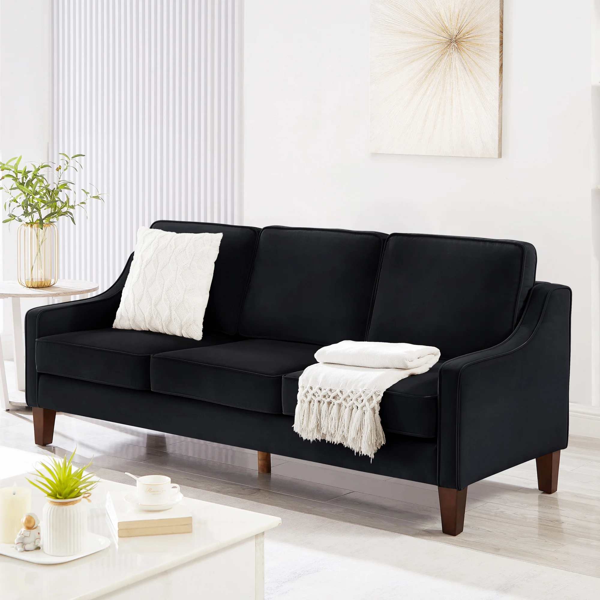 Living Room Sofas Modern 3 Person seat Sofa Couch with Scooped Armrest/Wood legs,Upholstered Velvet 3-seat Sofa with Removable Cushions for Livingroom Bedroom,Black,Comfortable Sofas - Image 3