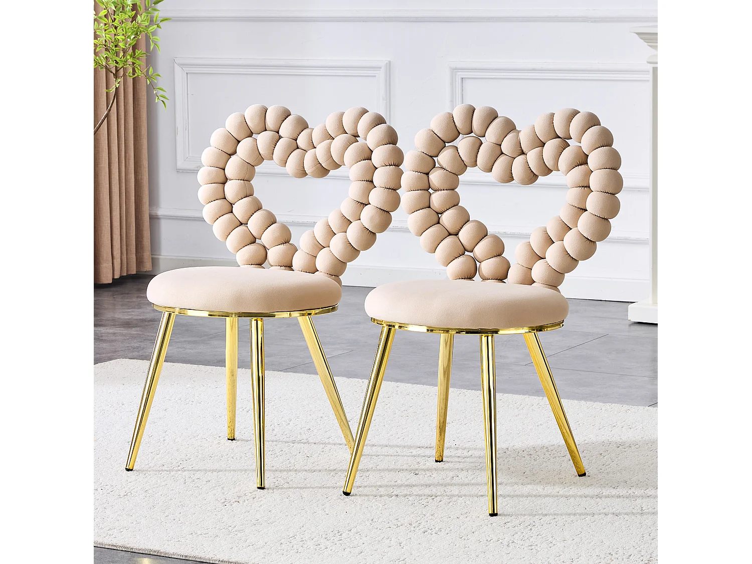 Lot de 2 chaises avec dossier ajouré en forme de cœur- Velours beige
