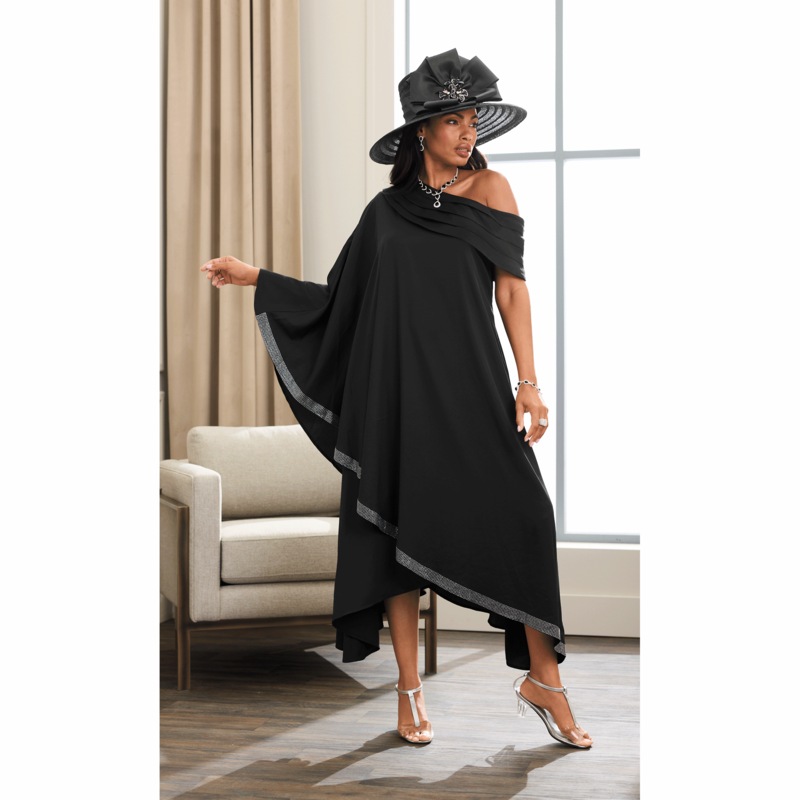 Sisi Off-The-Shoulder Women's Caftan with Rhinestone Trim - MIDNIGHT VELVET CATALOG