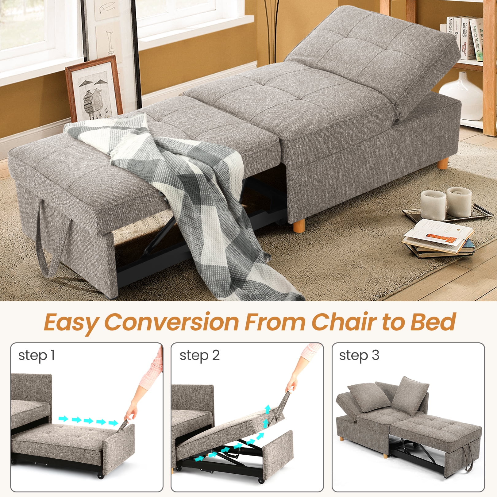 SEJOV 4-in-1 Convertible Sleeper Chair Bed, Linen Sofa Bed for Small Space, Futon Sofa with 2 Throw Pillows for Living Room, Single Recliner with 5 Adjustable Backrest for Bedroom Apartment, Brown