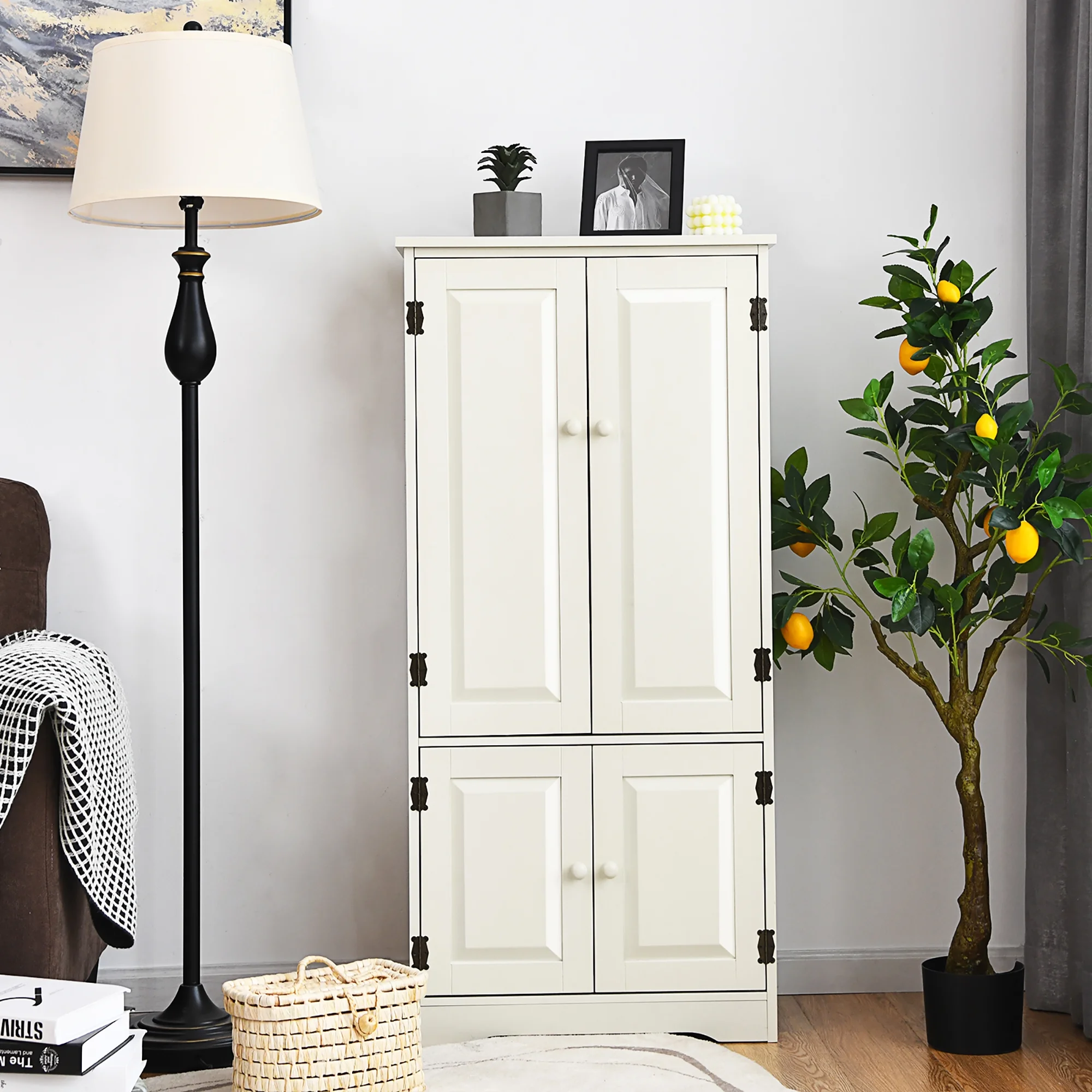 Costway Accent Floor Storage Cabinet W/ Adjustable Shelves Antique 2-Door Cream White - Image 4