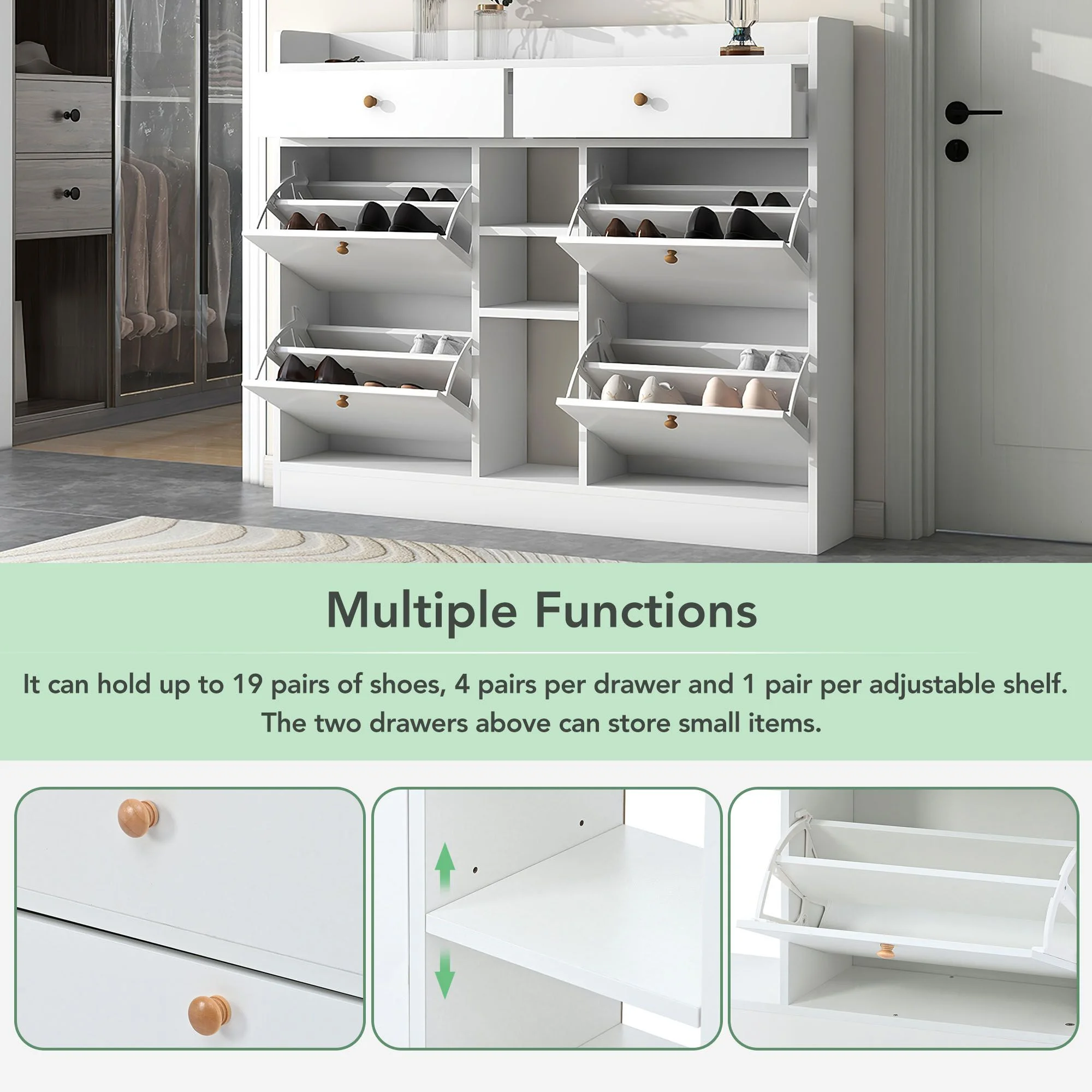 Aukfa Shoe Cabinet with 4 Flip Drawers and 2 Storage Drawers- Black - Image 16
