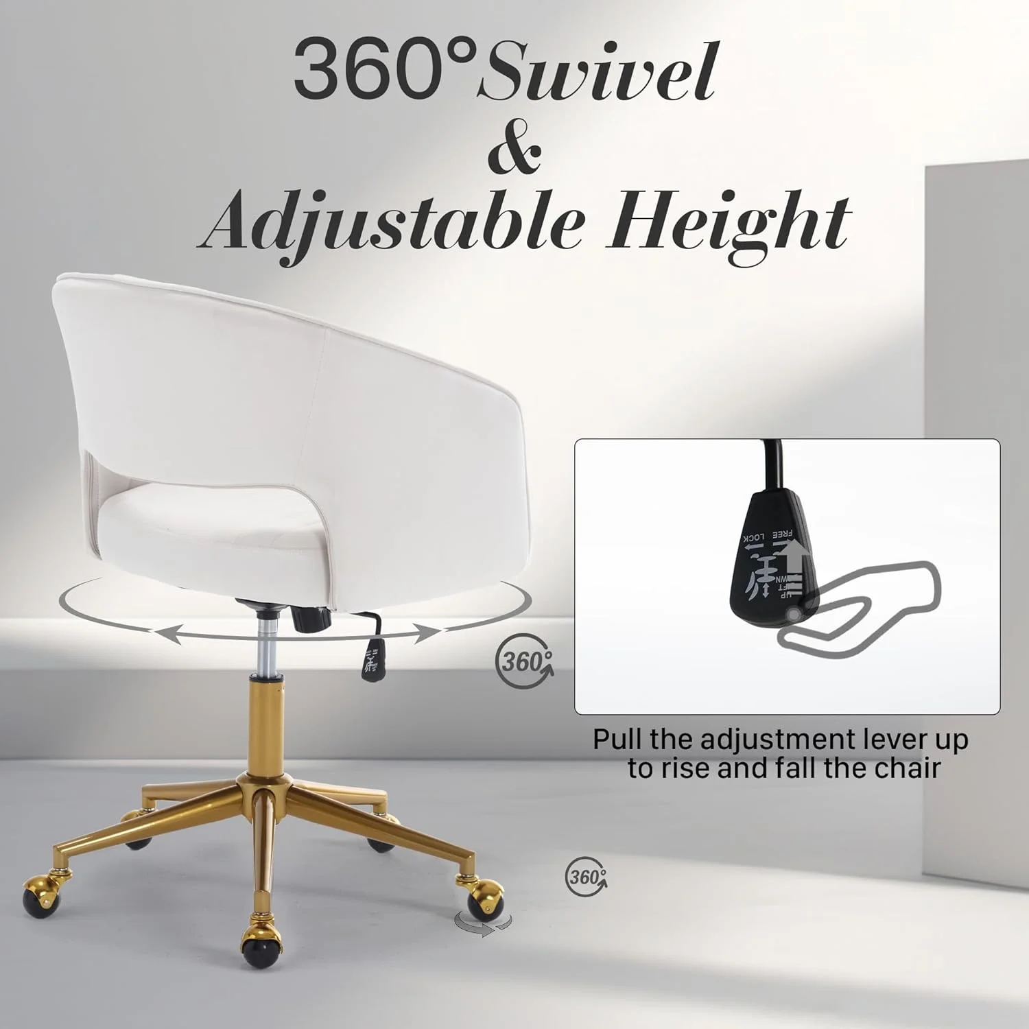 Home Office Swivel Desk Chair, Modern Velvet Vanity Chair, Height Adjustable Armchair with Gold Base, Ergonomic Office Chair for Task Study Computer Room, Beige - Image 12