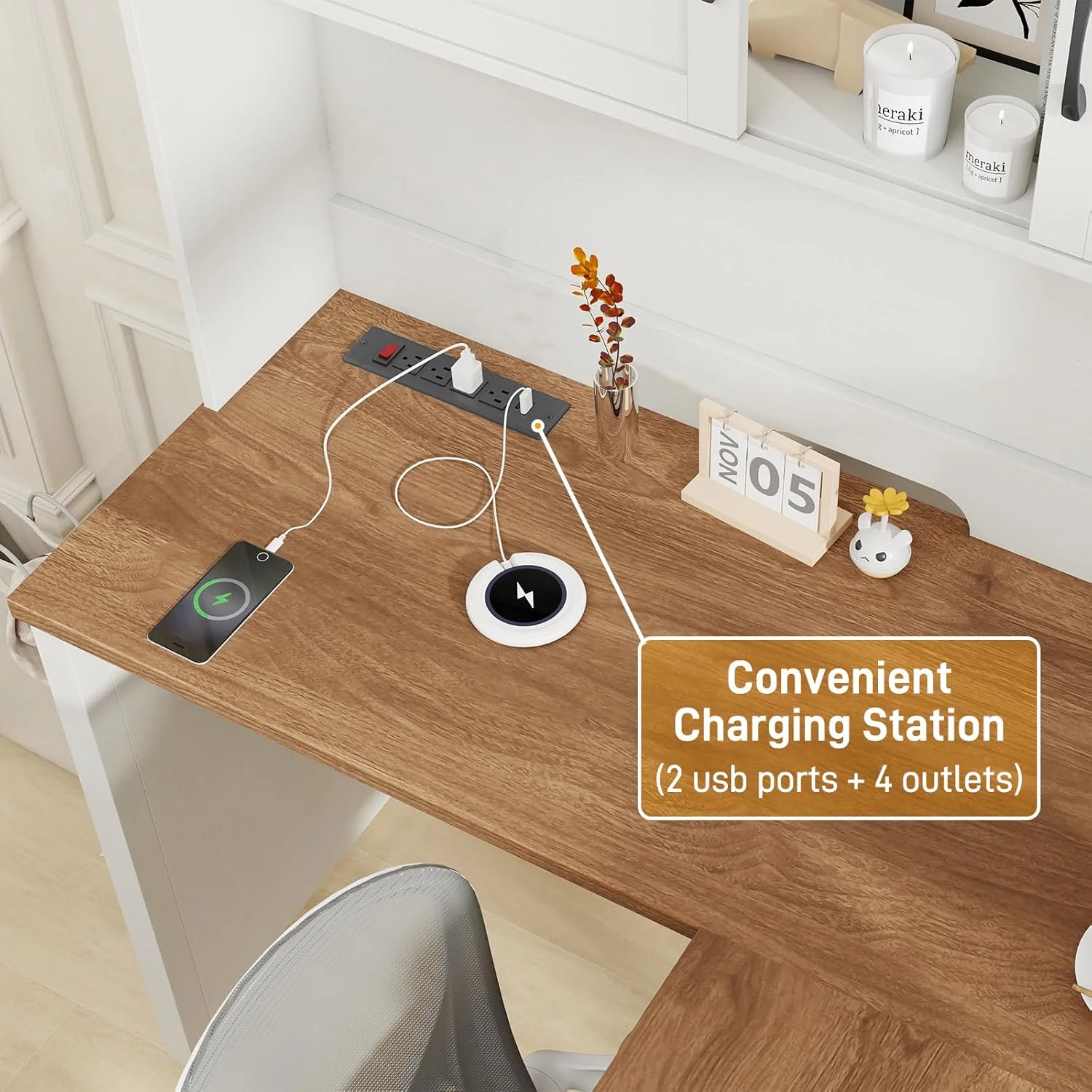 Vabches 68" H L Shaped Desk and Hutch with Storage, Office Desk with Drawers, Charging Station, Sliding Doors, Unique White - Image 4