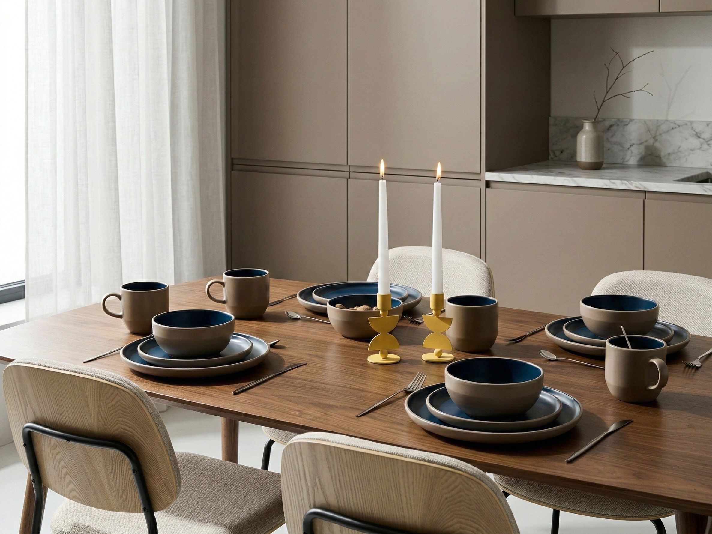 Set of 16 Dinnerware NUTMEG Stoneware Beige/ Blue