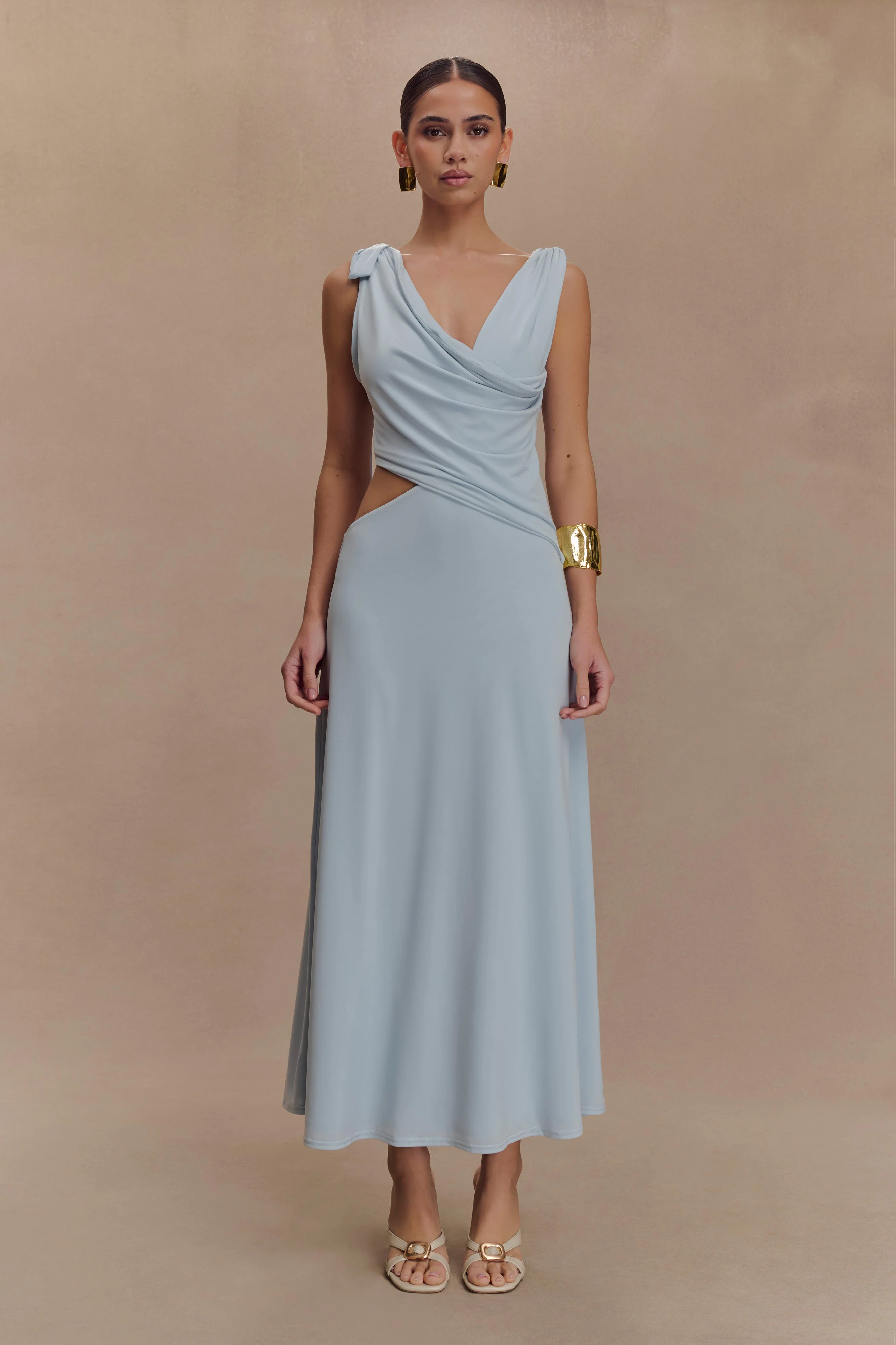 Raleigh Asymmetrical Slinky Midi Dress - Pale Blue