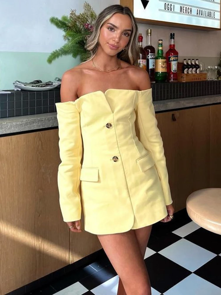 Off-shoulder Strapless Sexy Blazer Dress For Women Fashion Solid Zipper Two Pocket Long Sleeve Backless Mini Dress - AZJHJ